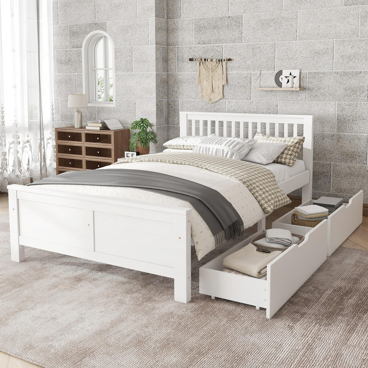 BETT 140x200 cm Holz Schubladen weiß - Weiß, Holz (140/200cm) - LEBENLANG