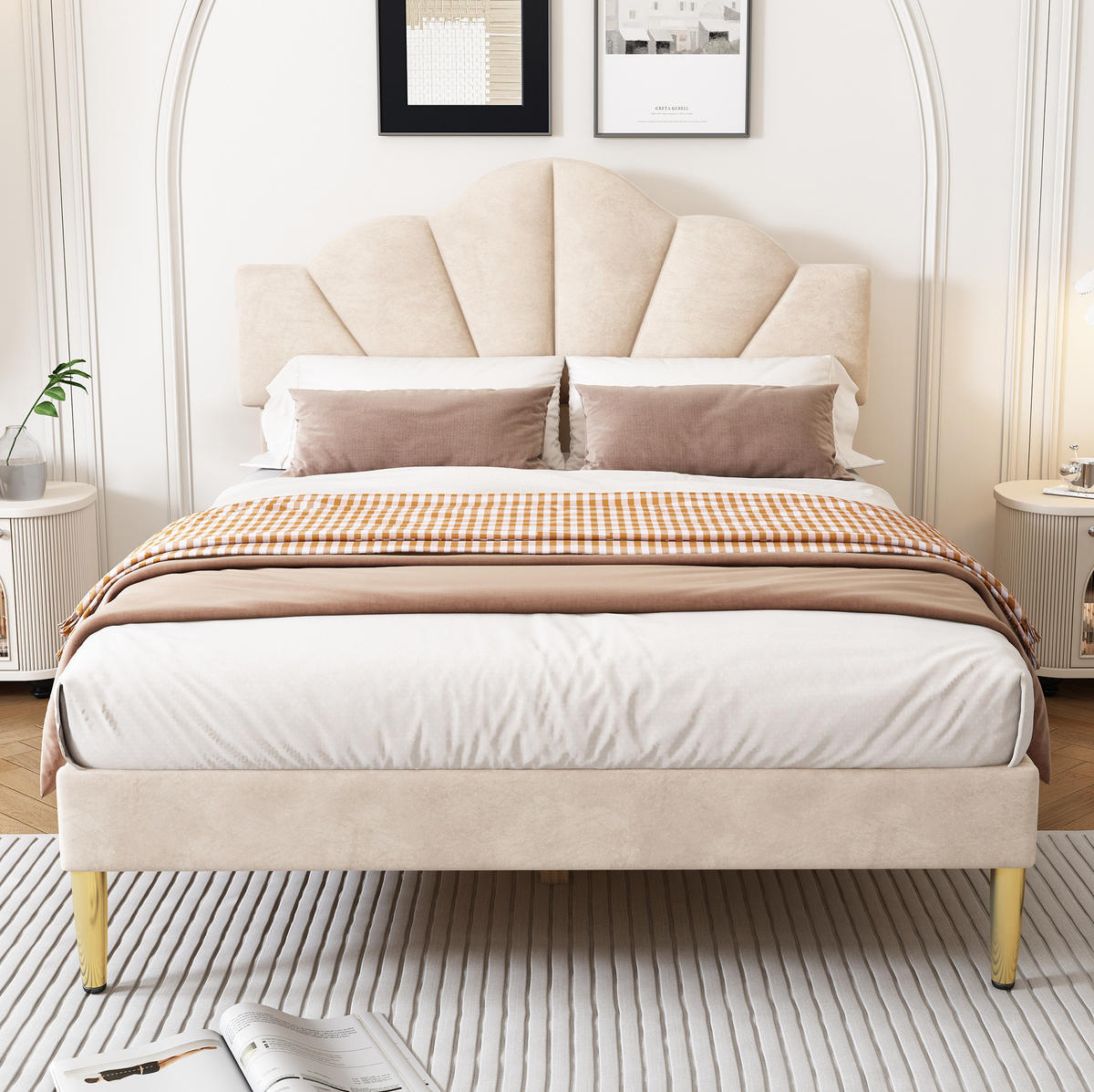 POLSTERBETT 140/200 cm beige aus Samt mit höhenverstellbarem Kopfteil - Beige, Textil (140/200cm) - OKWISH