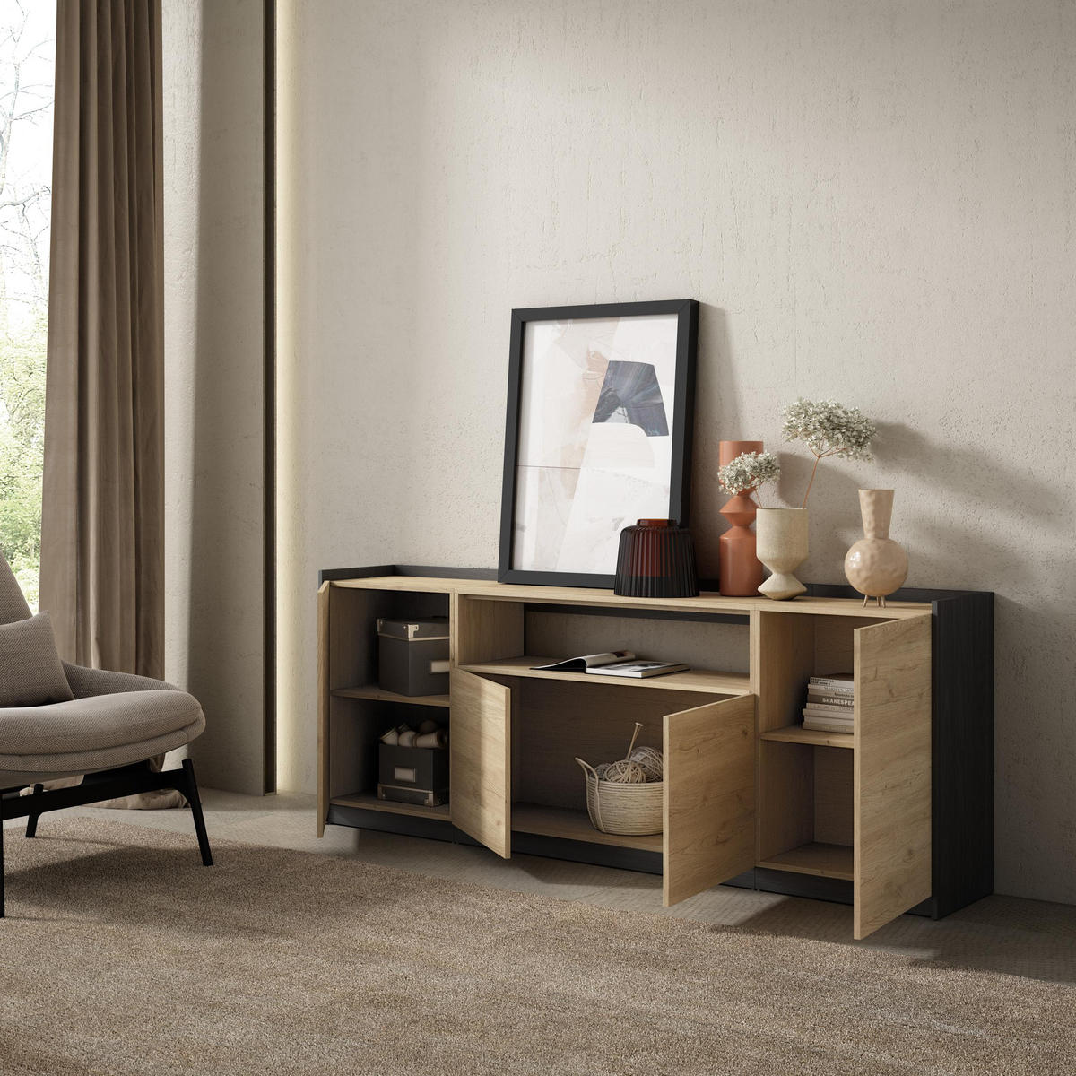 SIDEBOARD, Highboard, Eiche Schwarz, 207/37/80cm - Eichefarben, Holzwerkstoff (207/80/37cm) - Skraut Home