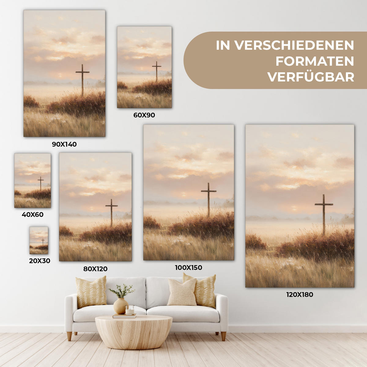 LEINWANDBILD Gras - Morgennebel - Kreuz - Christentum Deko Groß 90x140 cm - Beige, Textil (90/140cm) - MuchoWow