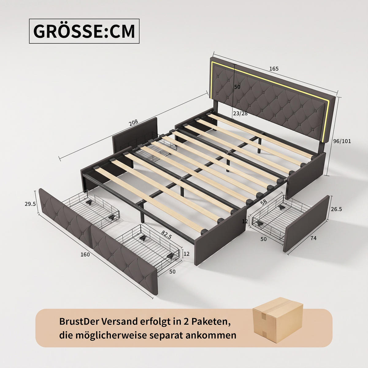 POLSTERBETT 160x200 mit LED und Stauraum, Lattenrost, doppelbett 160x200 mit 4 Schublade, höhenverstellbares Kopfteil, PU grau - Grau, Leder/Holz (160/200cm) - GENKI LIVING