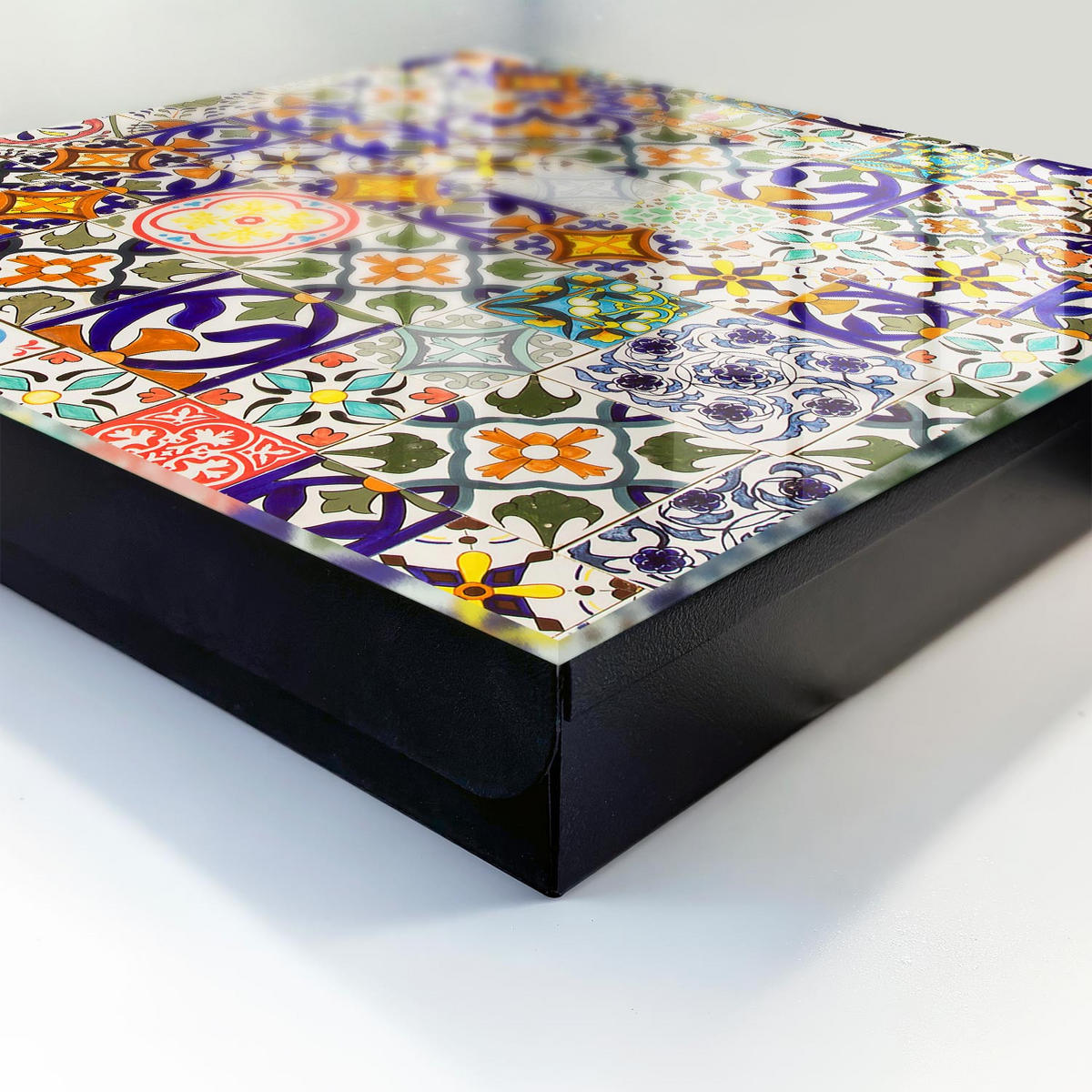 SCHLÜSSELBOX Schwarz 30x30 cm- Türöffnung nach rechts - Bunte Fliesen - Blau, Metall (30/30/5cm) - TULUP