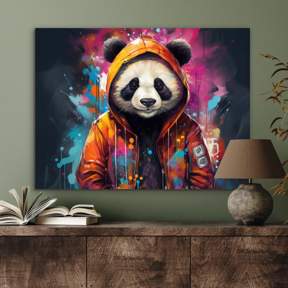 METALLBILD Panda - Jacke - Graffiti - Orange 80x60 cm - Orange, Metall (80/60cm) - MuchoWow