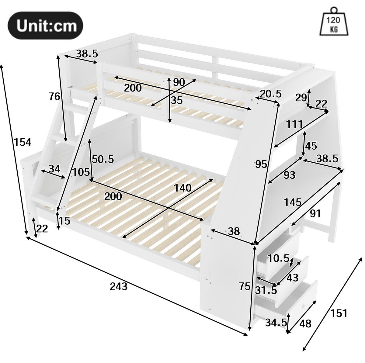 ETAGENBETT 90/200 cm + 140/200 cm mit Schreibtisch, Bücherregal und Stauraum aus Massivholz, Weiß - Weiß, Holz (90/200cm) - Redom