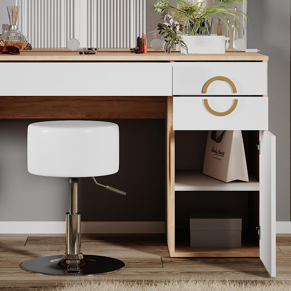 SCHMINKTISCH Adela Natural Rockford Hickory 115 cm LED-Beleuchtung und Hocker - Weiß/Sonoma Eiche, Holzwerkstoff (115/76.4/55cm) - Vicco