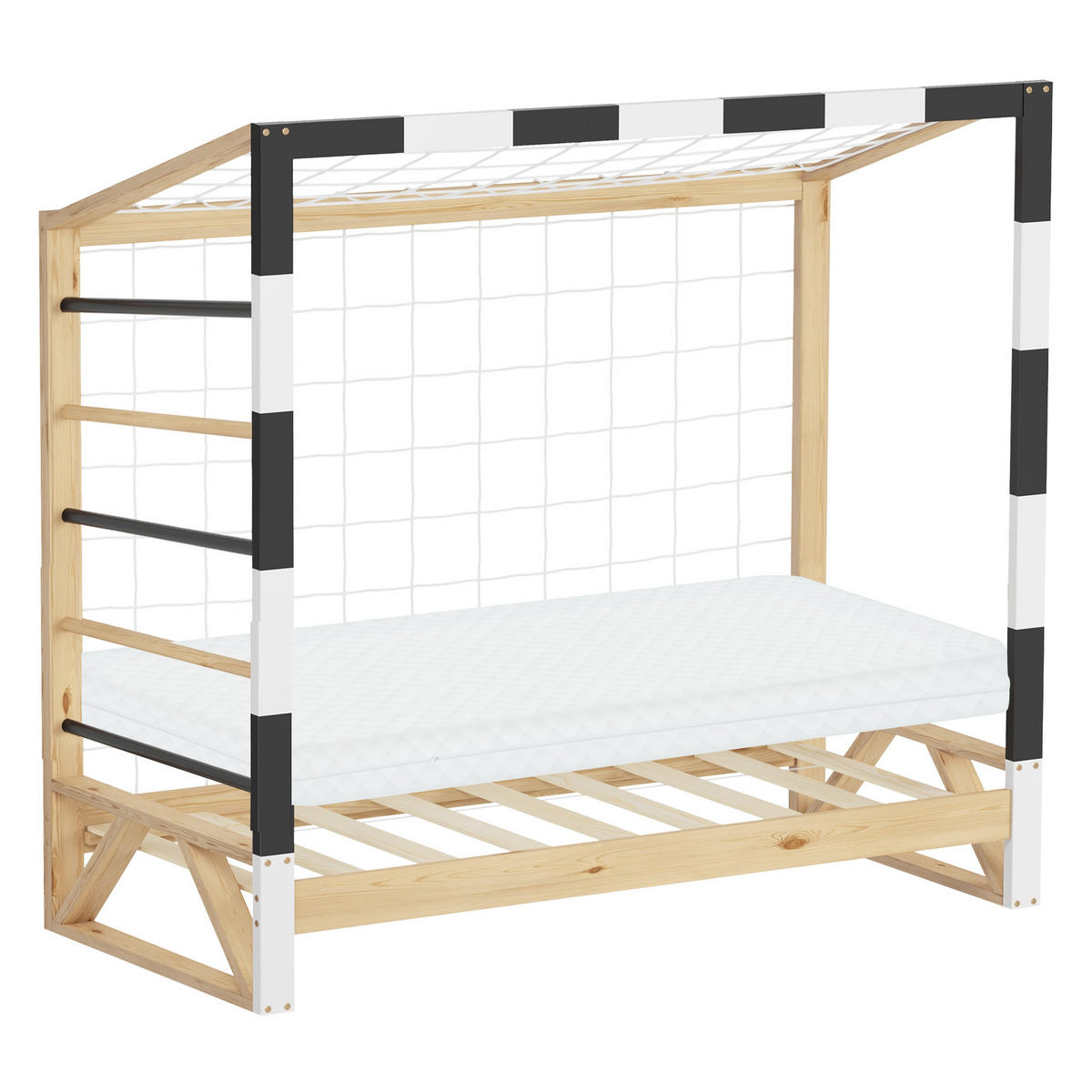 KINDERBETT Fußballtor mit Matratze 70 x 140 cm Schwarz-Weiß Kiefernholz - Naturfarben, Holz (70/150cm) - ML-DESIGN