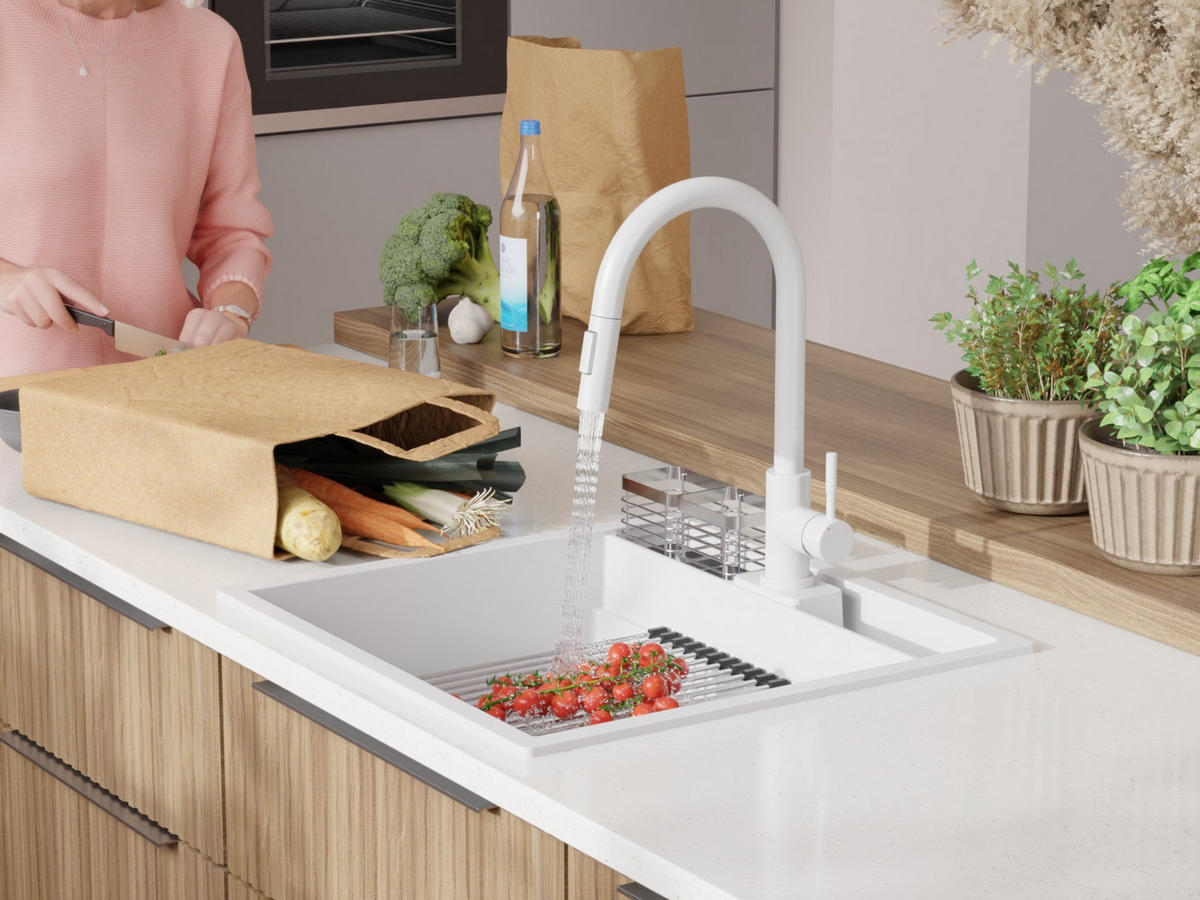 SPÜLBECKEN Bergen Pocket, 2-er set Weiß 56/54 cm 1 Becken + Ablauf-Set + Küchenzubehörset ab 60er Unterschrank - Chromfarben/Beige, Kunststoff (56/20/54cm) - Primagran