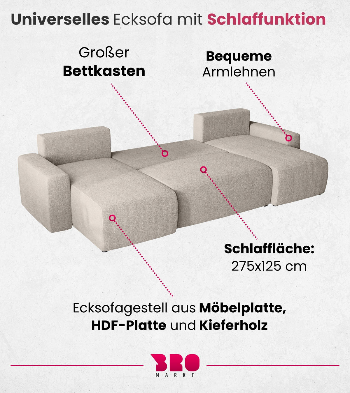 WOHNLANDSCHAFT Plush mit Schlaffunktion Ecru Boucle - Ecru, Kunststoff/Textil (315/72/145cm) - Bromarkt