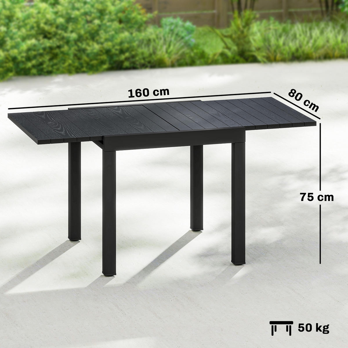 GARTENTISCH DE-14182 80-160 cm, Holzoptik Schwarz - Schwarz, Metall (160/80/75cm) - ComfortXL