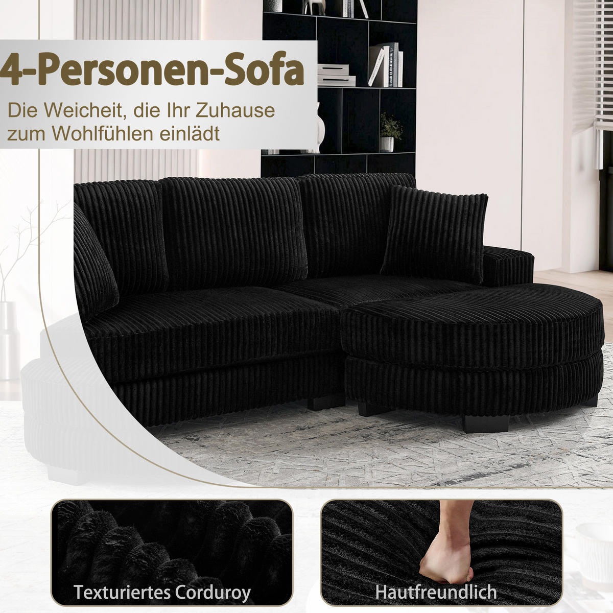 ECKSOFA 256.5/133.5/89 cm Schwarz Cord mit 2 Kissen und ovaler Fußhocker - Schwarz, Textil (133.5/89/256.5cm) - Oxeza