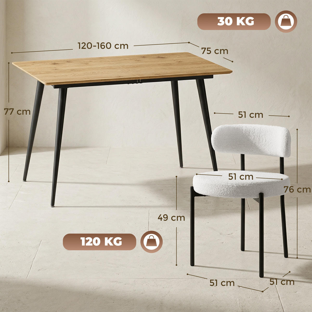 ESSGRUPPE 5er Set MDF Stahl Naturholz Schwarz - Creme/Schwarz, Holzwerkstoff/Textil (75/77/120cm) - HOMCOM