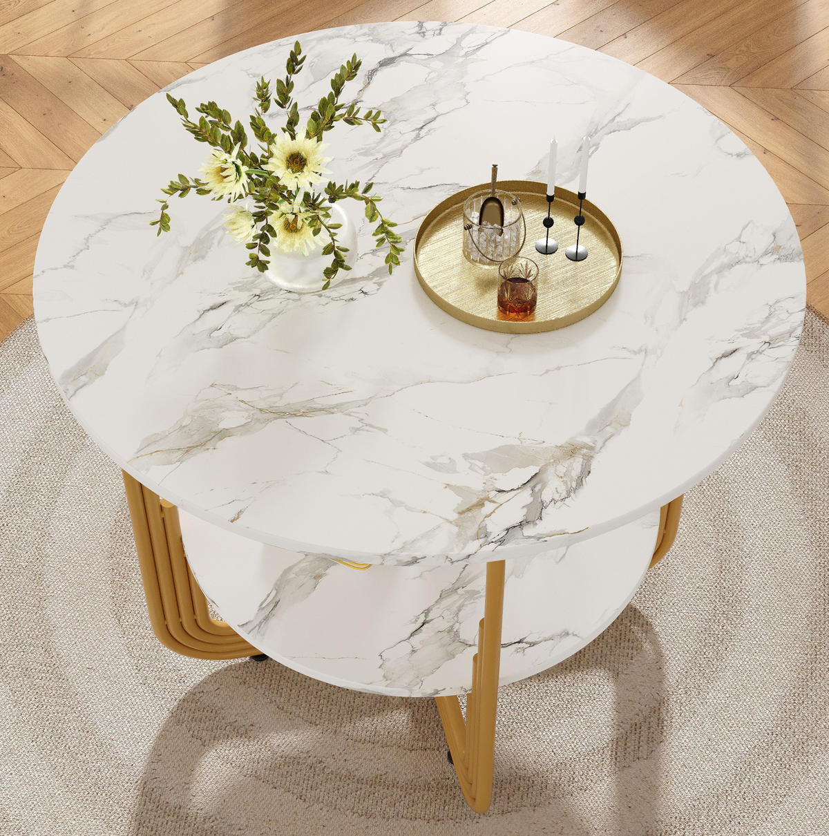 ESSTISCH 80/80/76 cm in Gold mit MDF-Marmoroptik und Ablage - Goldfarben, Holzwerkstoff (80/80/76cm) - Flora Grace