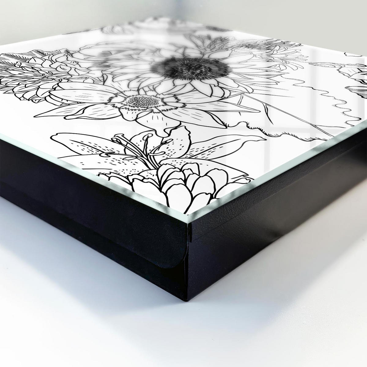 SCHLÜSSELBOX Schwarz 30x30 cm- Türöffnung nach rechts - Schwarz-weiße Blüten - Multicolor, Metall (30/30/5cm) - TULUP