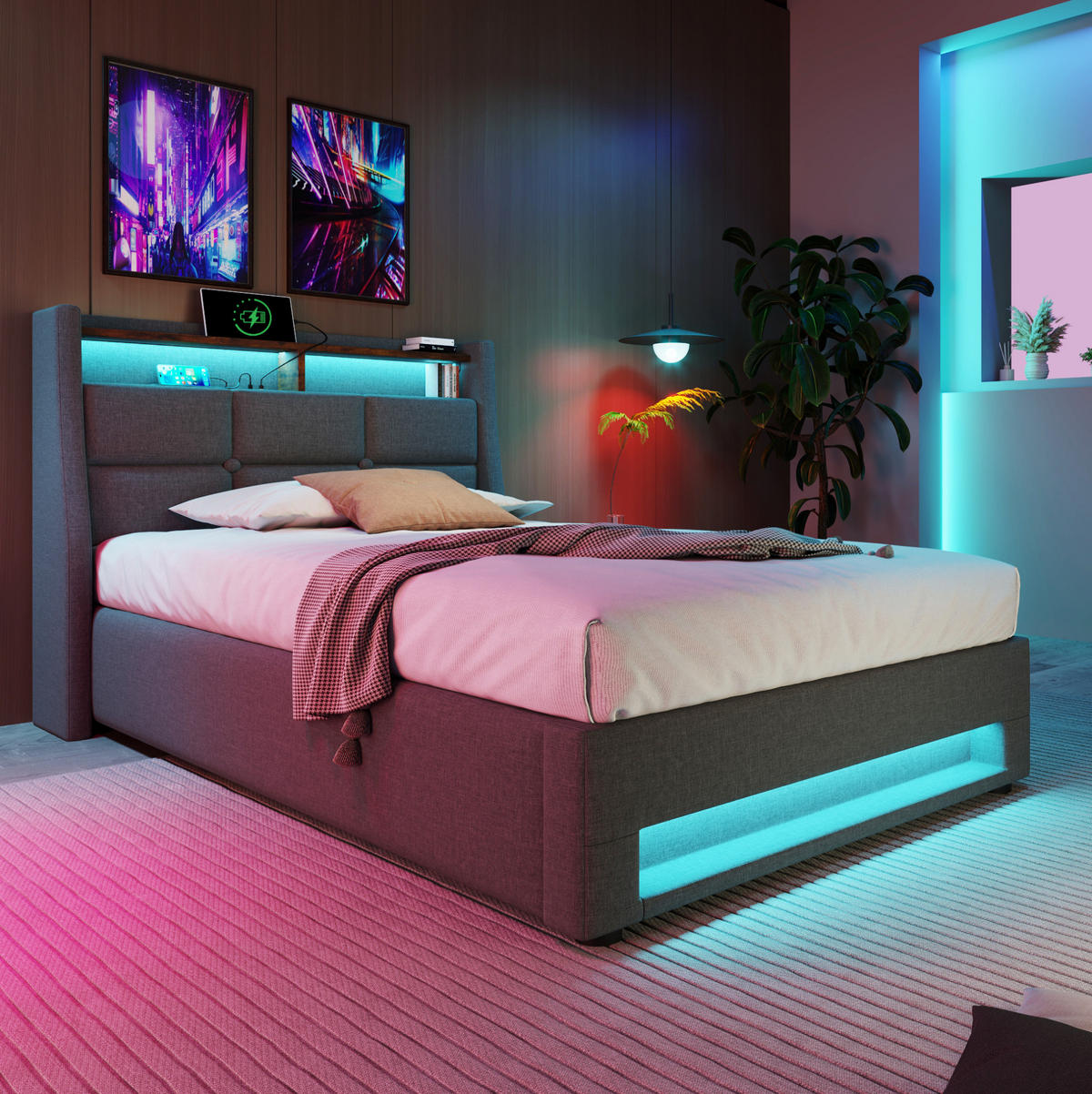 POLSTERBETT mit LED-Beleuchtung 90/200 cm mit USB, Bettkasten und gepolstertem Kopfteil - Grau, Textil (90/200cm) - BEAOK