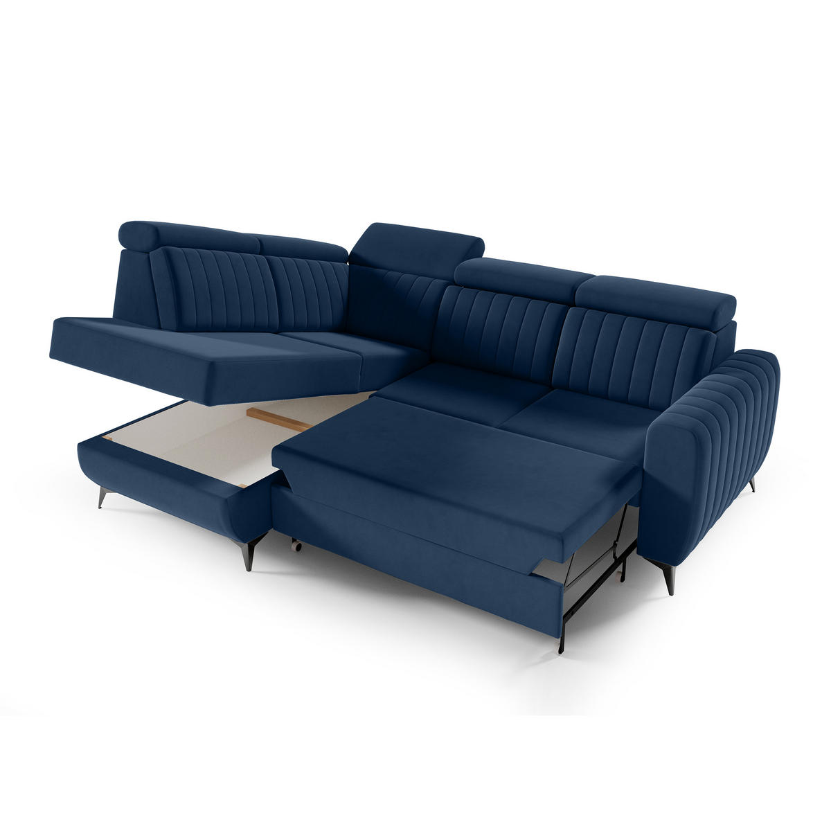 ECKSCHLAFSOFA Connor II verstellbare Kopfstützen, Dunkelblau, links - Schwarz/Dunkelblau, Textil (268/204cm) - Beautysofa