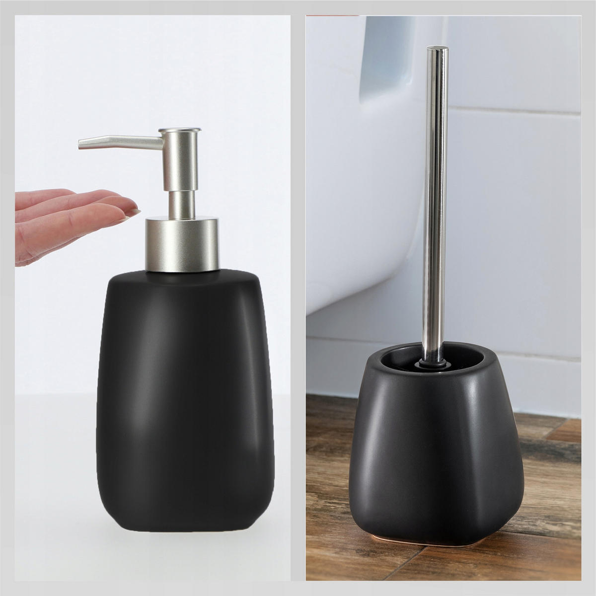 BADEZIMMERSET SEIFENSPENDER + WC-Bürstengarnitur, schwarz - Schwarz, Keramik/Kunststoff (12/36cm) - KADAX
