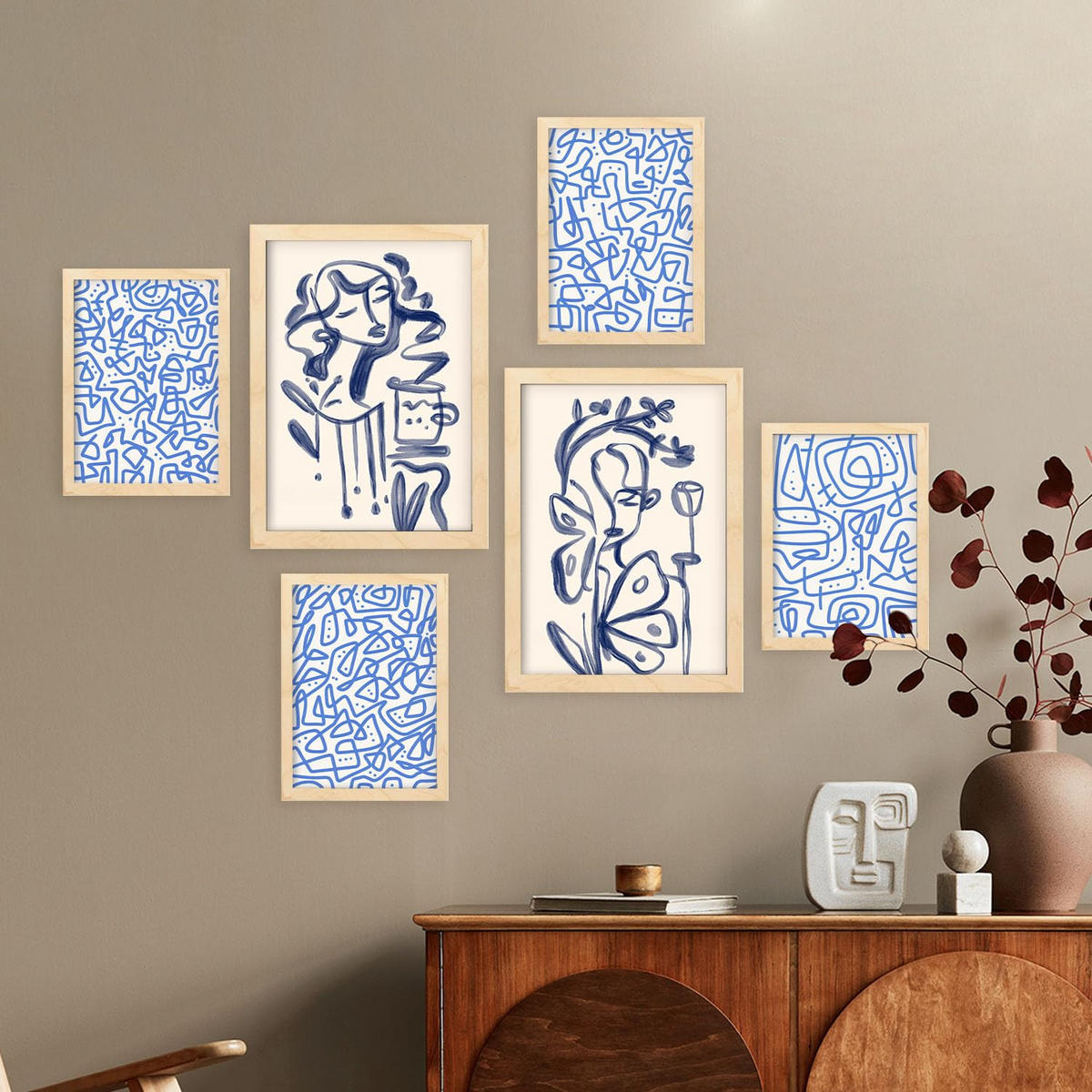 POSTER Set Mit 6 Junge Im Rahmen In Weibliche Zusammenfassung Ästhetische Dekorative Gemälde Für Ihr Wohnzimmer Zuhause A3 & A4 Rahmen Aus Hellem Holz - Beige, Papier (29/3cm) - Nacnic