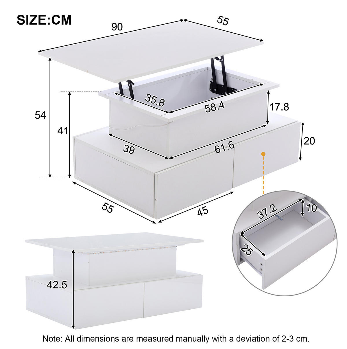 COUCHTISCH aus Spanplatte 90x55x41 cm in Weiß mit LED-Beleuchtung & 4 Schubladen - Weiß, Holzwerkstoff (90/55/41cm) - Modfu