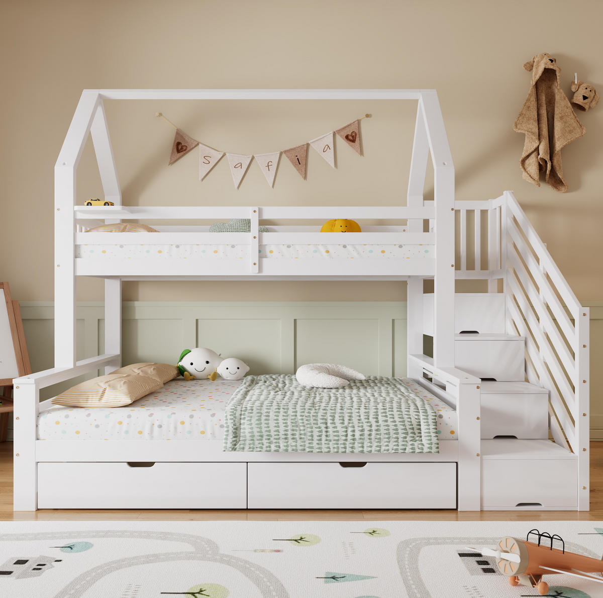 HAUSBETT 90/200 cm & 140/200 cm Weiß mit Treppenschrank und Schubladen - Weiß, Holzwerkstoff (90/200cm) - Flora Grace