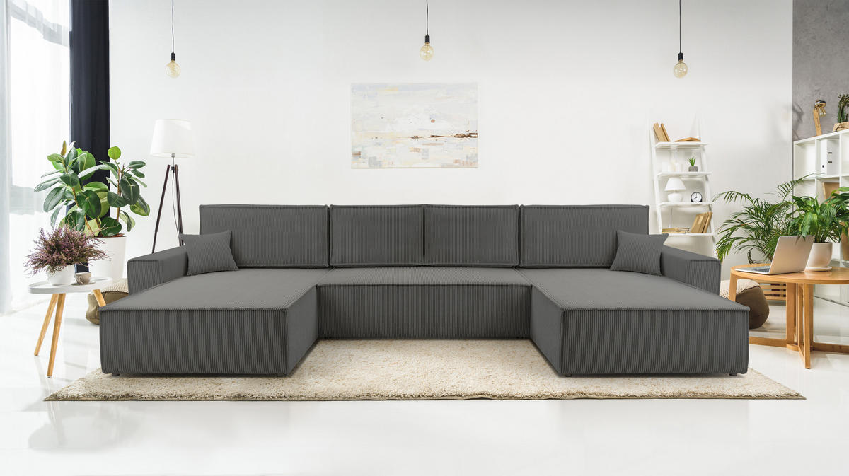 WOHNLANDSCHAFT Cedria Grau 389/145/85 cm mit Schlaffunktion - Schwarz/Grau, Kunststoff/Textil (389/85/145cm) - AX Living