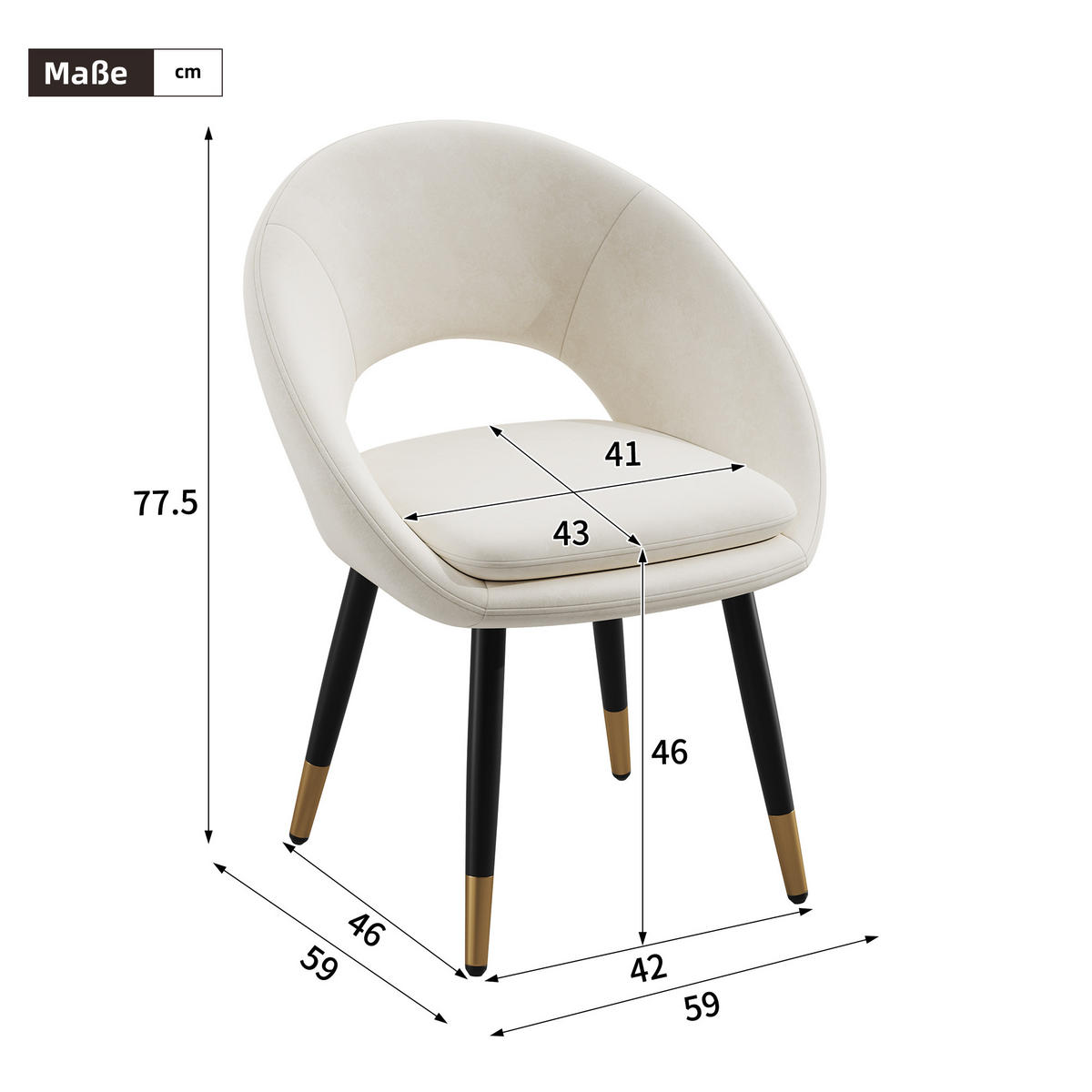 JÍDELNÍ ŽIDLE ergonomické (sada 2 ks), sametové čalounění, kovové nohy - béžová, textil (59/77.5/59cm) - Urban Meuble