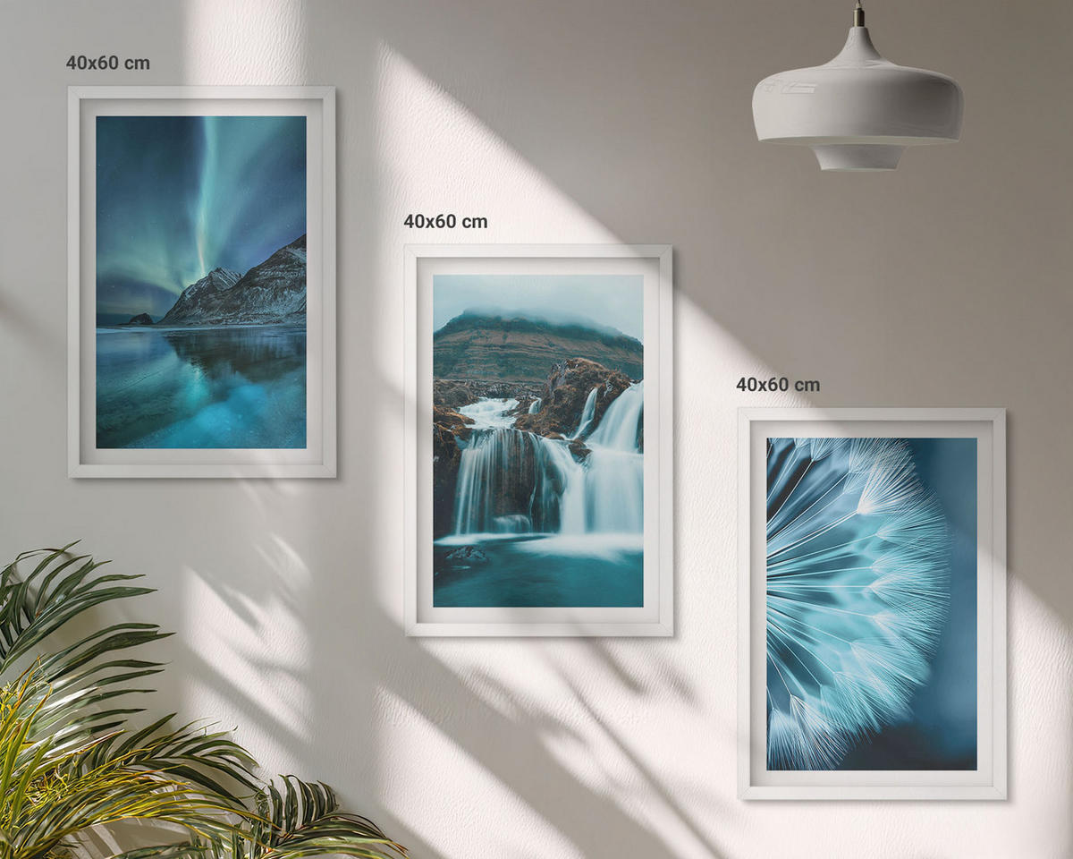 WANDBILDER 3er-Set - 40x60 cm Weißer Rahmen - Winterlandschaften mit Wasserfällen - Weiß, Kunststoff (40/60cm) - ArtPrintCave