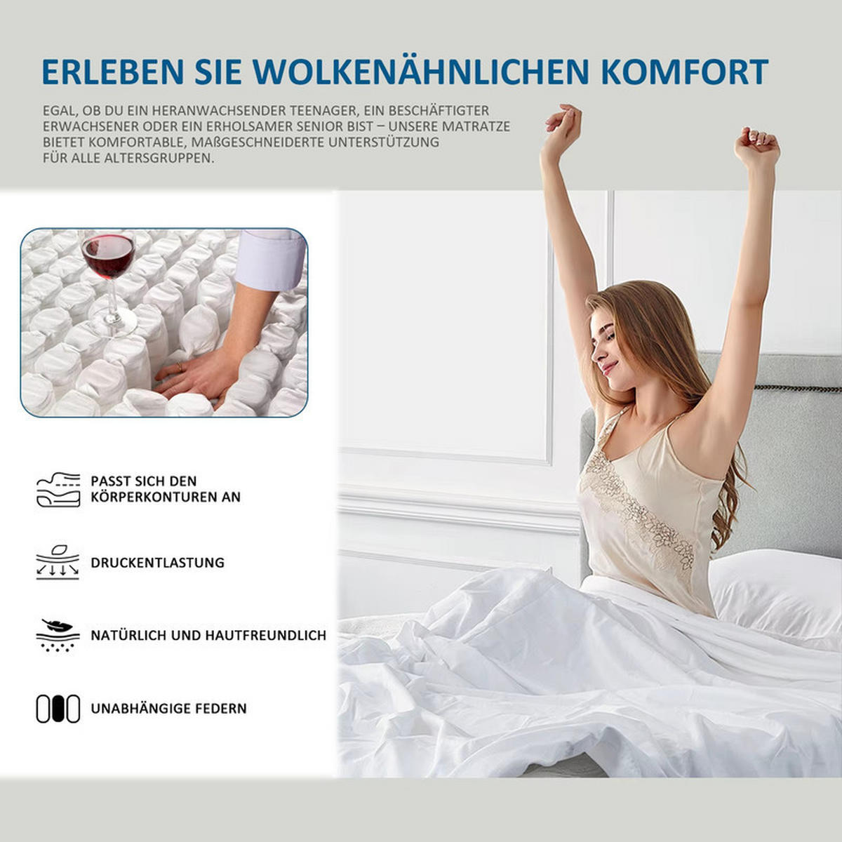 TASCHENFEDERKERNMATRATZE 140/200 cm, Höhe ca.: 25 cm, 7-Zonen - Weiß, Textil - Coonoor