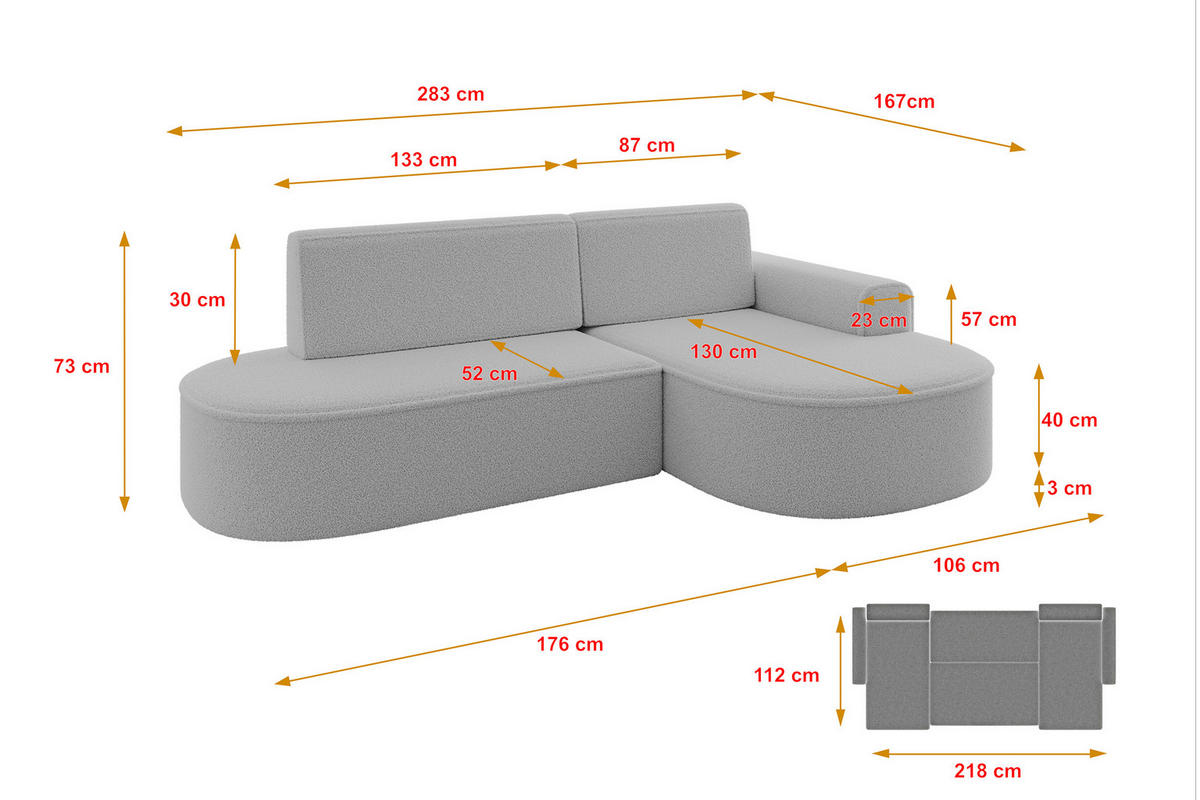 ECKSOFA mit Schlaffunktion und Bettkasten Ottomane Rechts MARI-L1-S - 283x167x73 cm Hellgrau Bouclé - Hellgrau/Schwarz, Holzwerkstoff/Kunststoff (167/283cm) - ALTDECOR