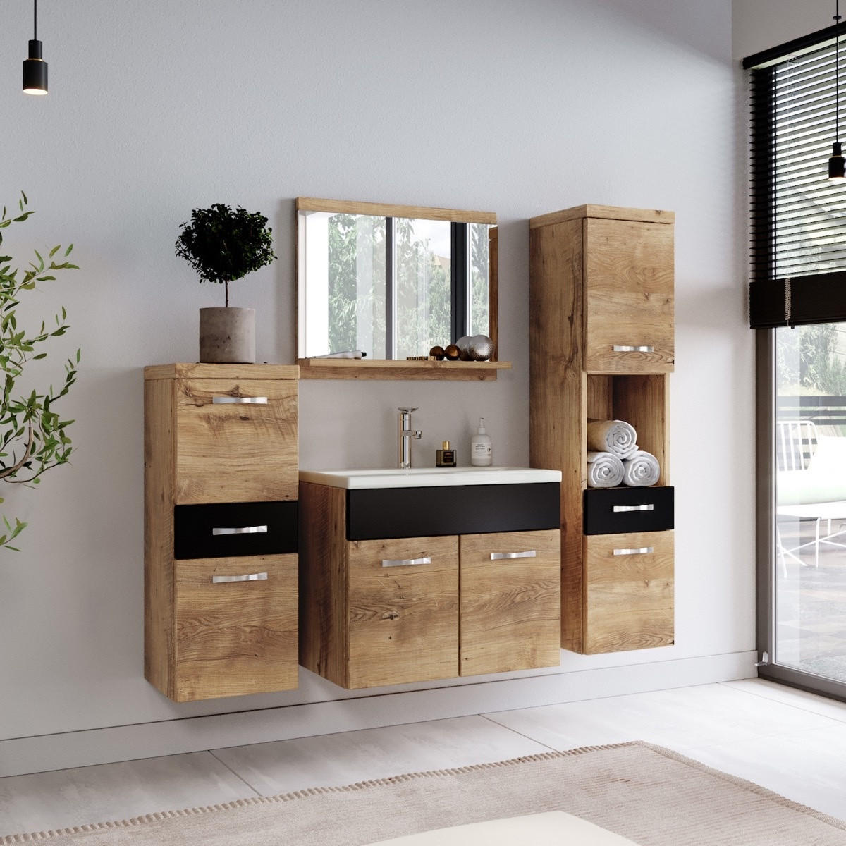 BADMÖBEL-SET Alba 5 Teile Kastanien Eiche mit Schwarz - 60 x 35 x 51 cm - Eichefarben/Schwarz, Holz (60/51/35cm) - Badplaats