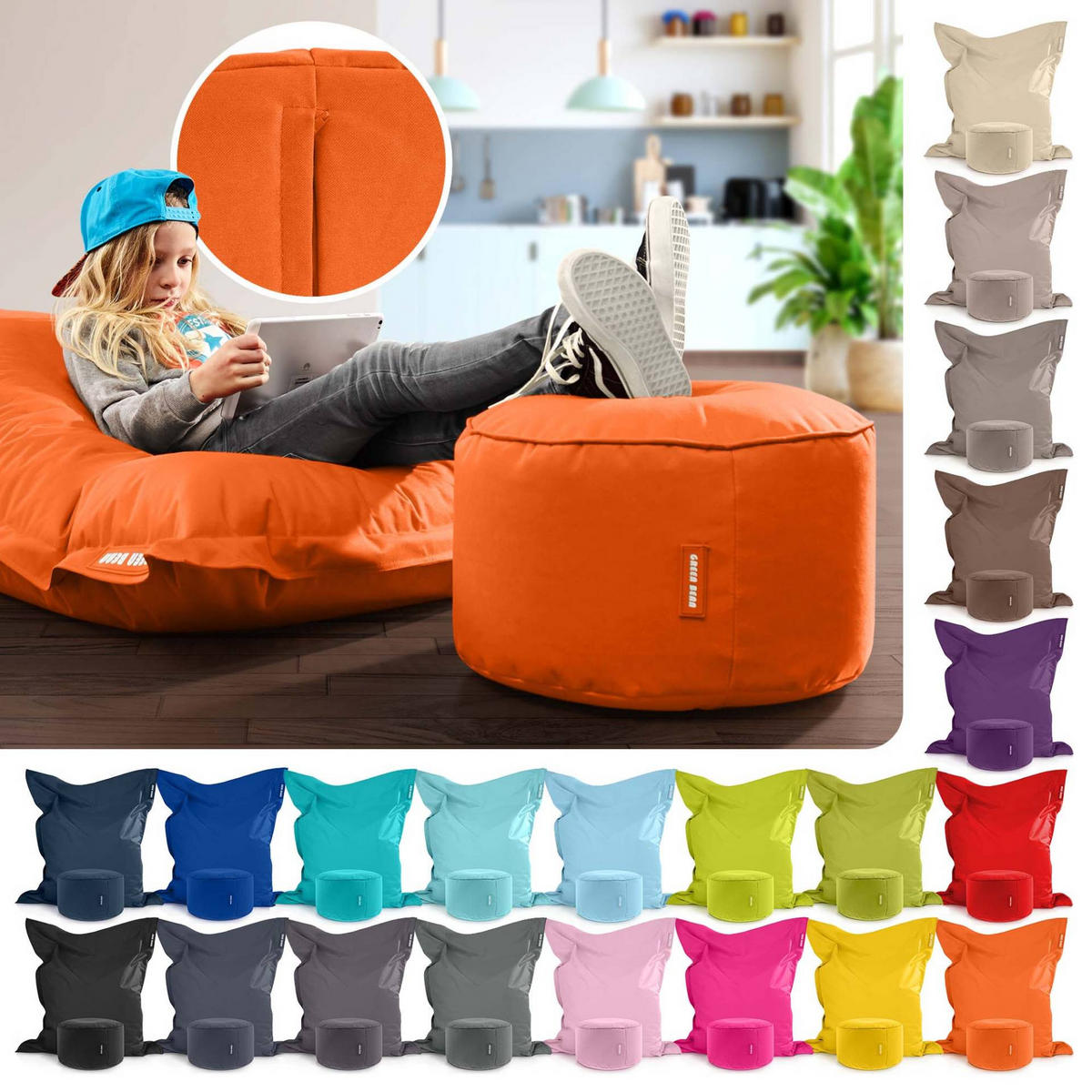 XXL-SITZSACK + Pouf 2er Set - 140x180cm - Orange, Textil (140/25/180cm) - Green Bean