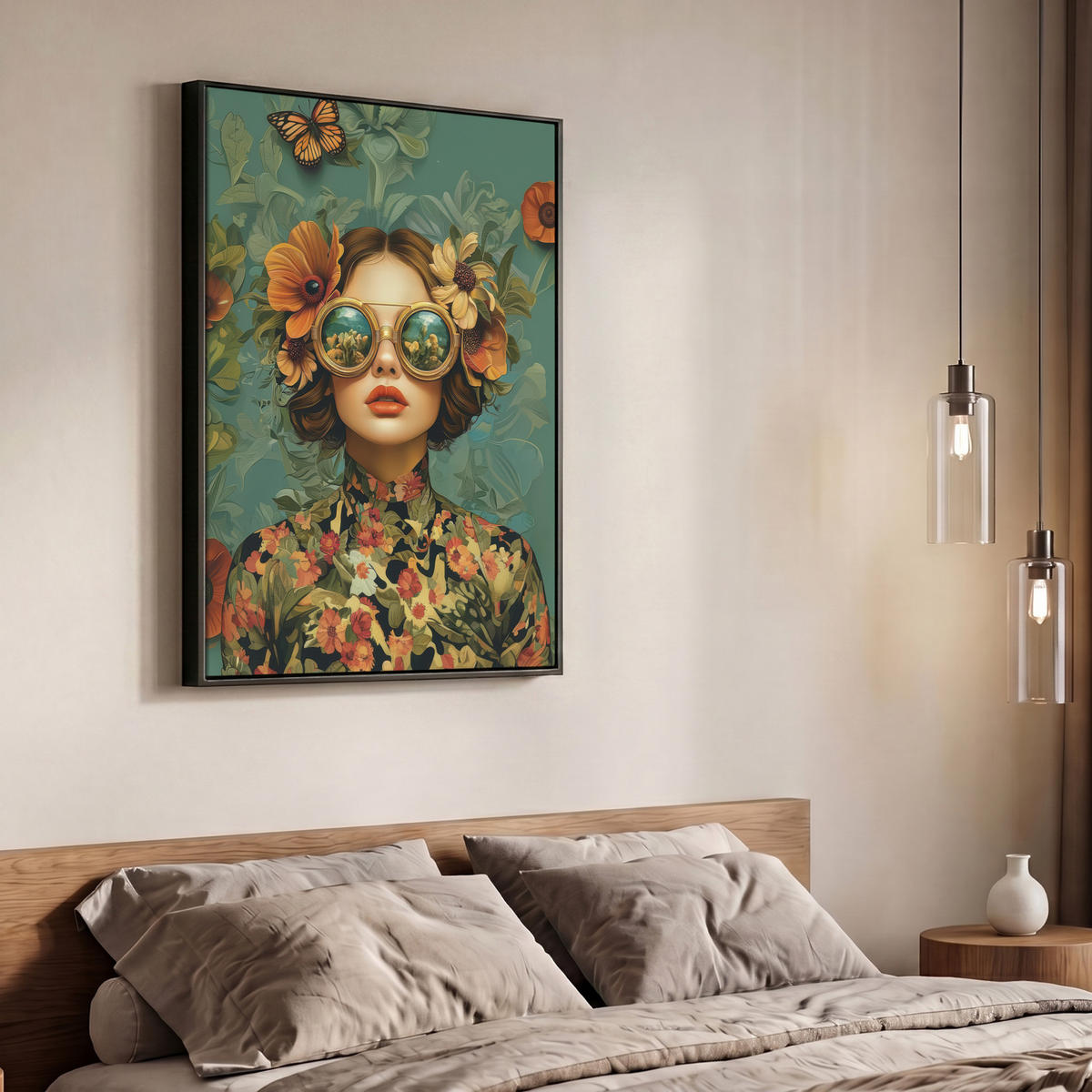 LEINWAND Bilder mit Rahmen - Frau - Blumen - Schmetterlinge - Natur - Vintage - 70x100 - Salbeigrün, Textil (70/100cm) - MuchoWow