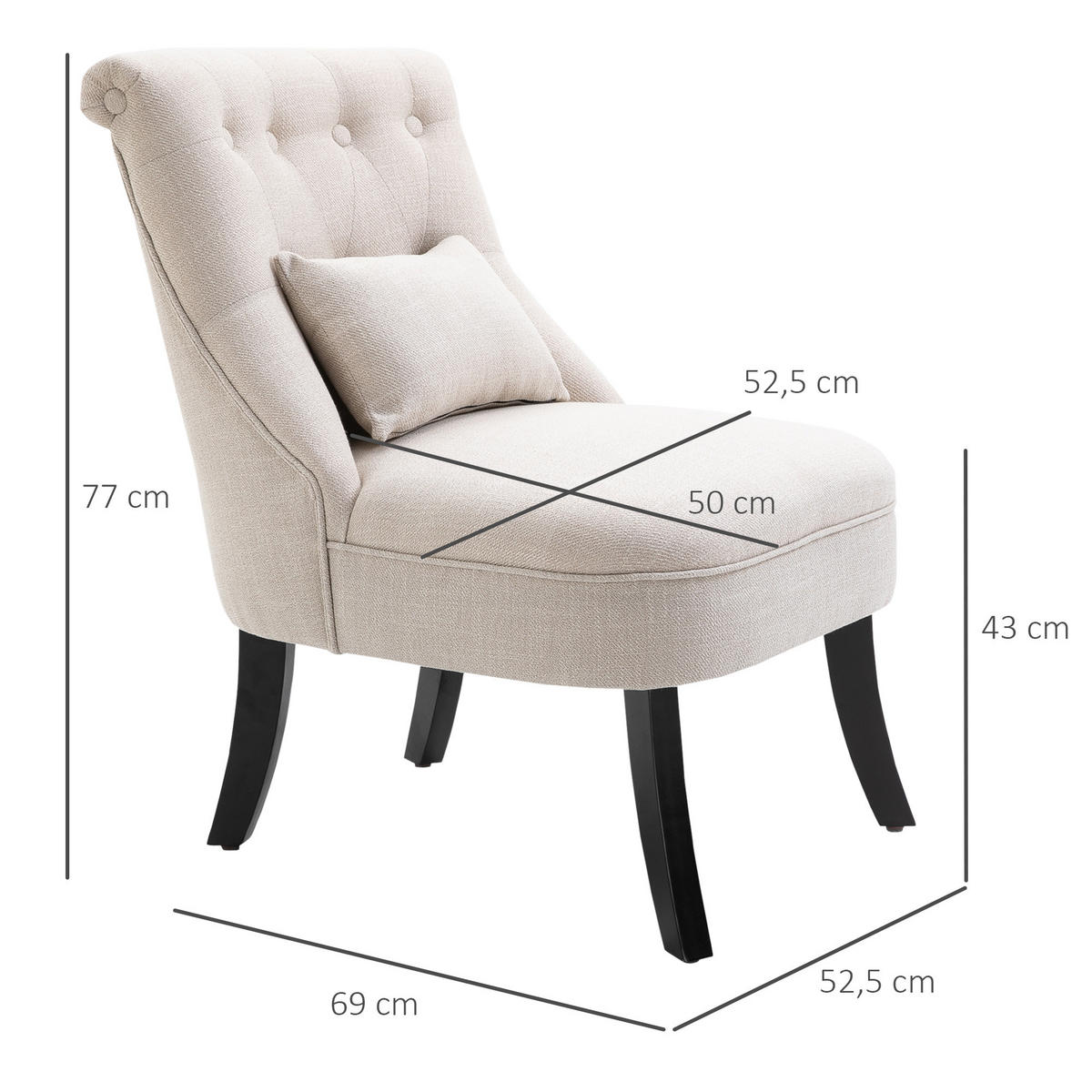 RELAXSESSEL, Sessel mit Rückenkissen, 52,5 x 69 x 77 cm, Cremeweiß - Weiß, Textil (52.5/77/69cm) - HOMCOM