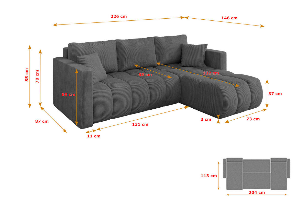 ROHOVÁ SEDAČKA s funkcí spaní, otoman vpravo GARD-L 226x146x85 tmavě šedá manšestr - černá/tmavě šedá, kompozitní dřevo/textil (226/146cm) - ALTDECOR