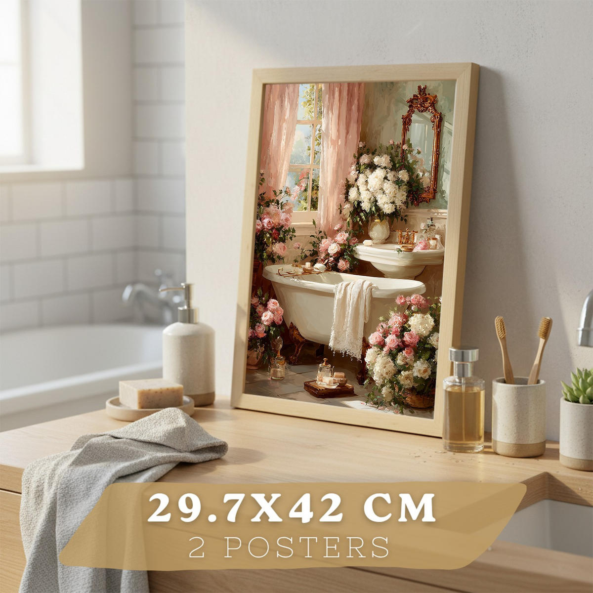 PLAKÁT Sada 2 Baño revista Světlý dřevěný rám A3 - béžová, papír (42/29.7/3cm) - Nacnic
