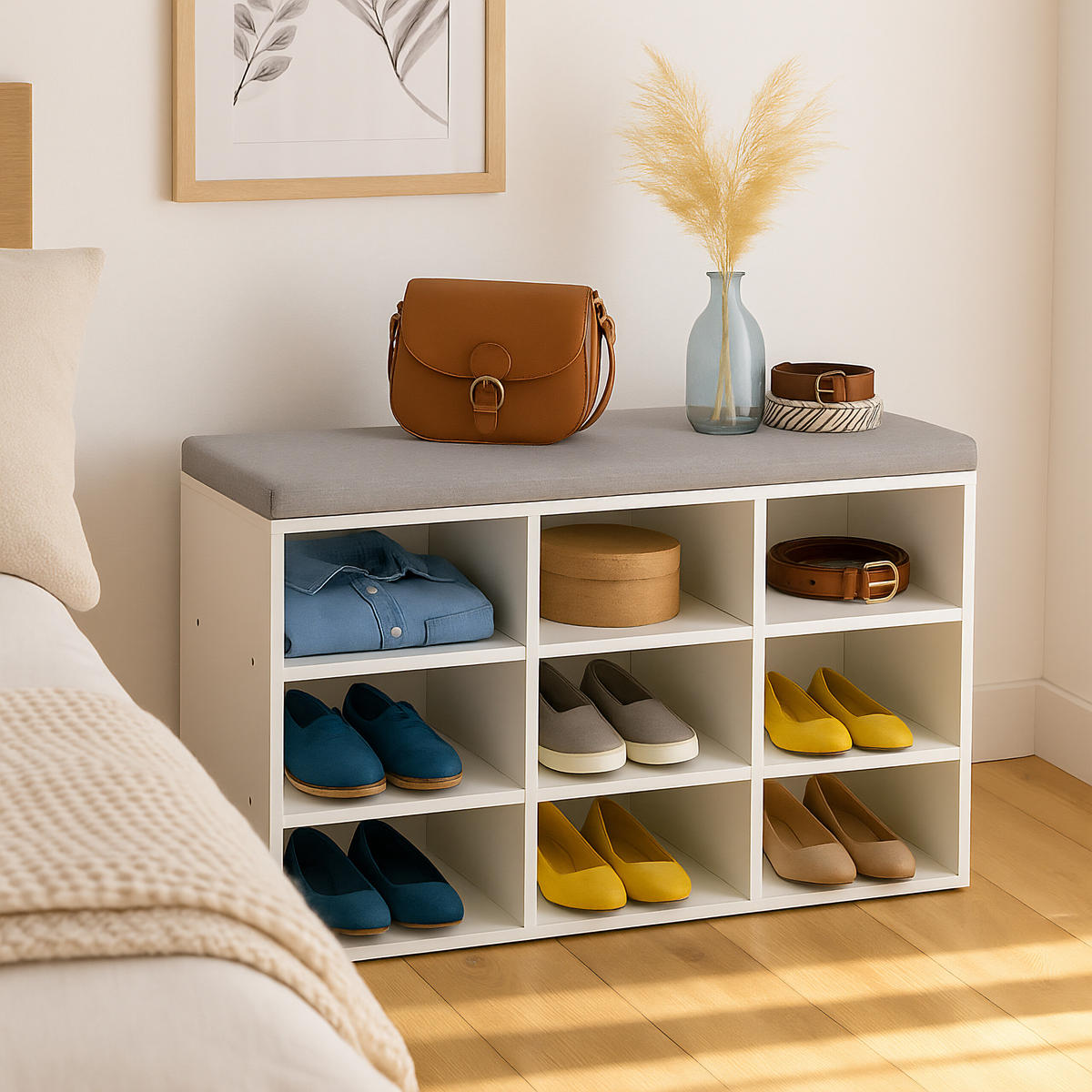 SCHUHBANK - Weiß, Holzwerkstoff/Textil (80/49.5/31cm) - Relaxdays