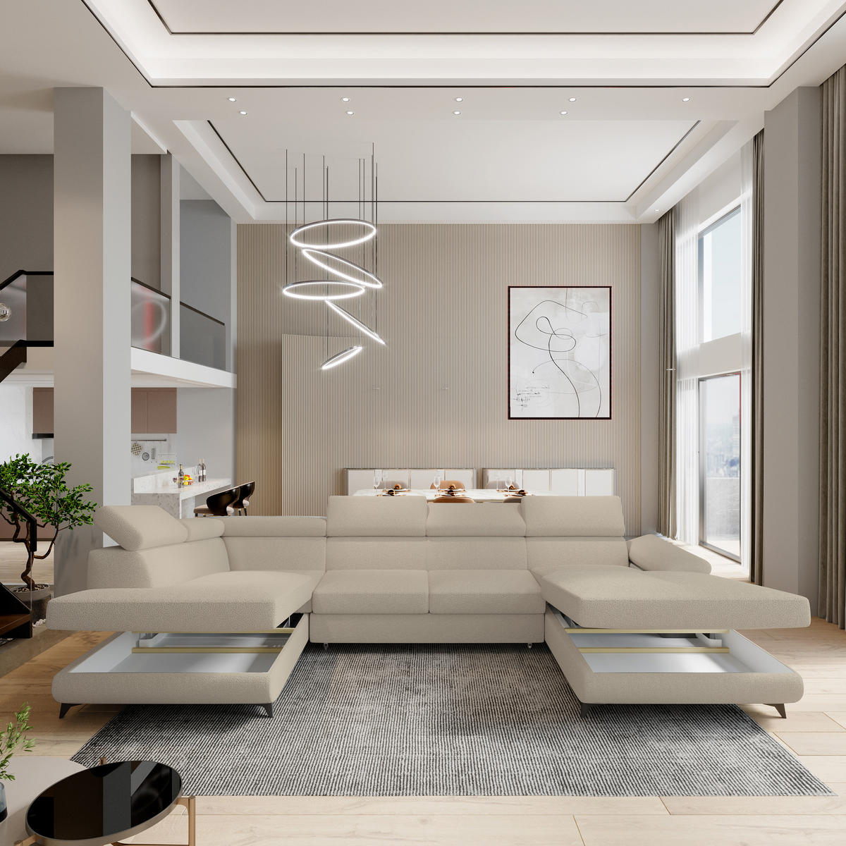 WOHNLANDSCHAFT RUBANO L-S Beige Boucle-Stoff mit Schlaffunktion - Beige, Holz (339/89/190cm) - MASSENO