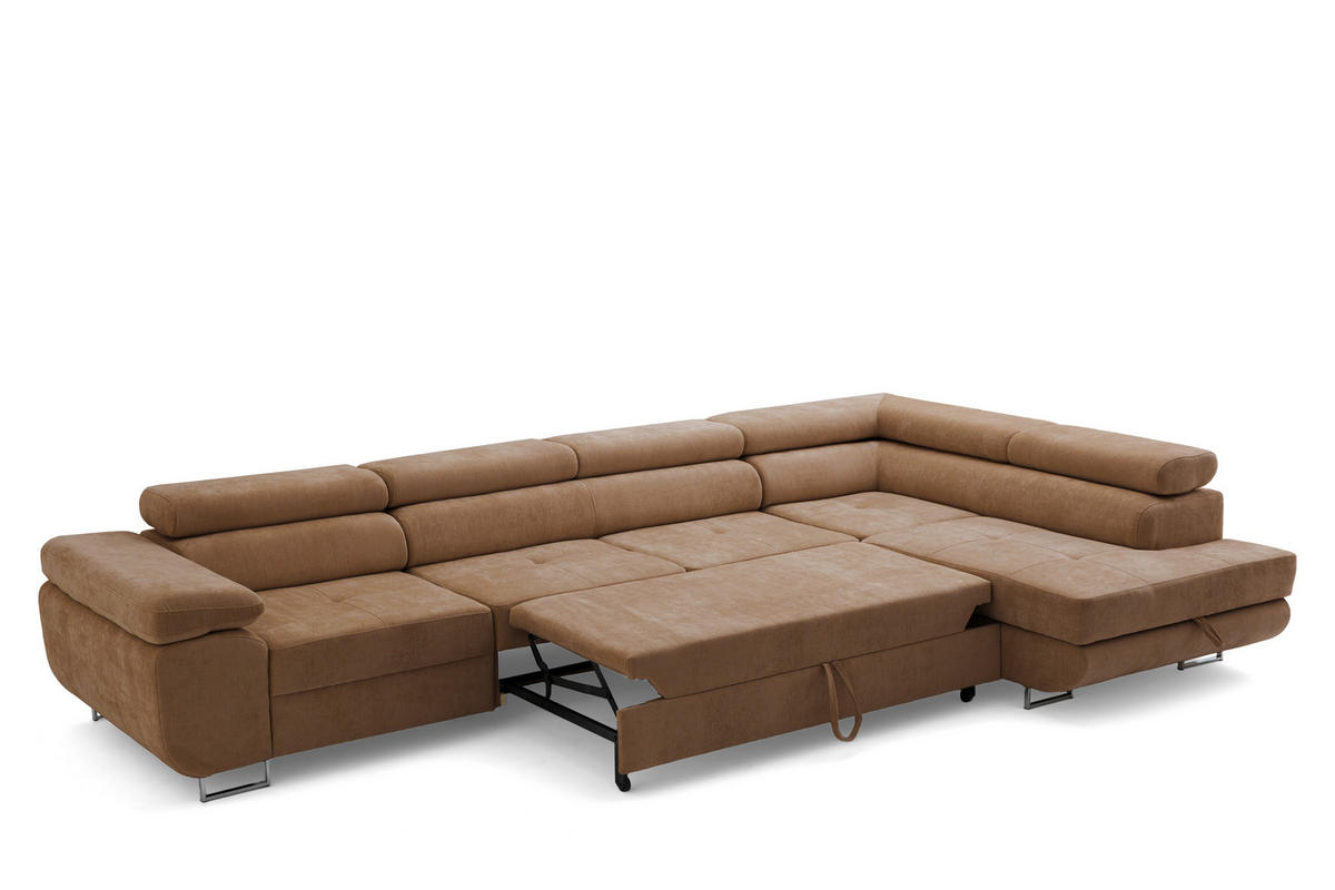 ECKSOFA WILD MAXI L Rechts mit Schlaffunktion 125x195 Chenille Braun - Chromfarben/Braun, Holz/Textil (203/350cm) - Muffo