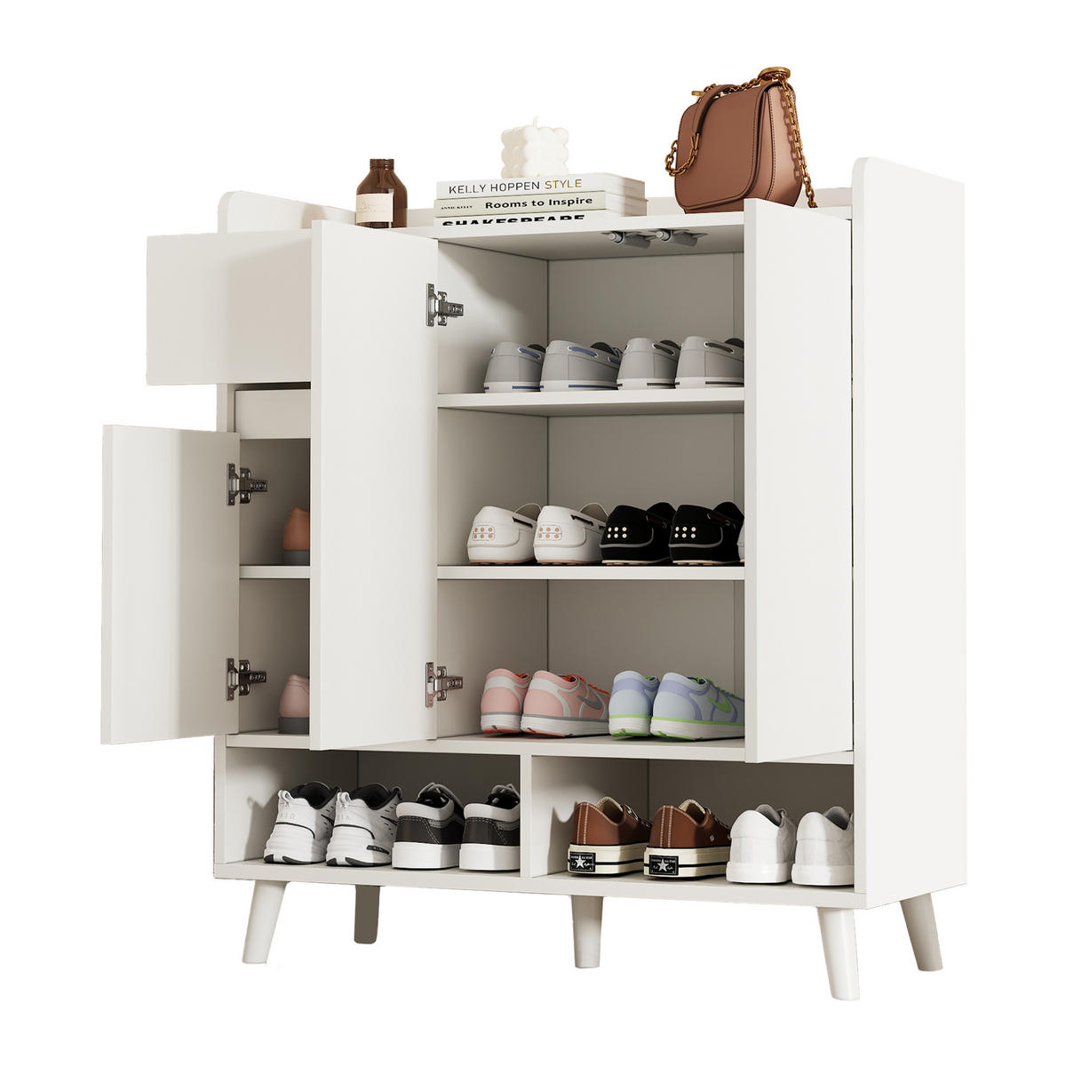 SCHUHSCHRANK aus Spanplatte 90x35x99cm in Weiß mit Massivholzbeinen - Weiß, Holzwerkstoff (90/99/35cm) - Modfu