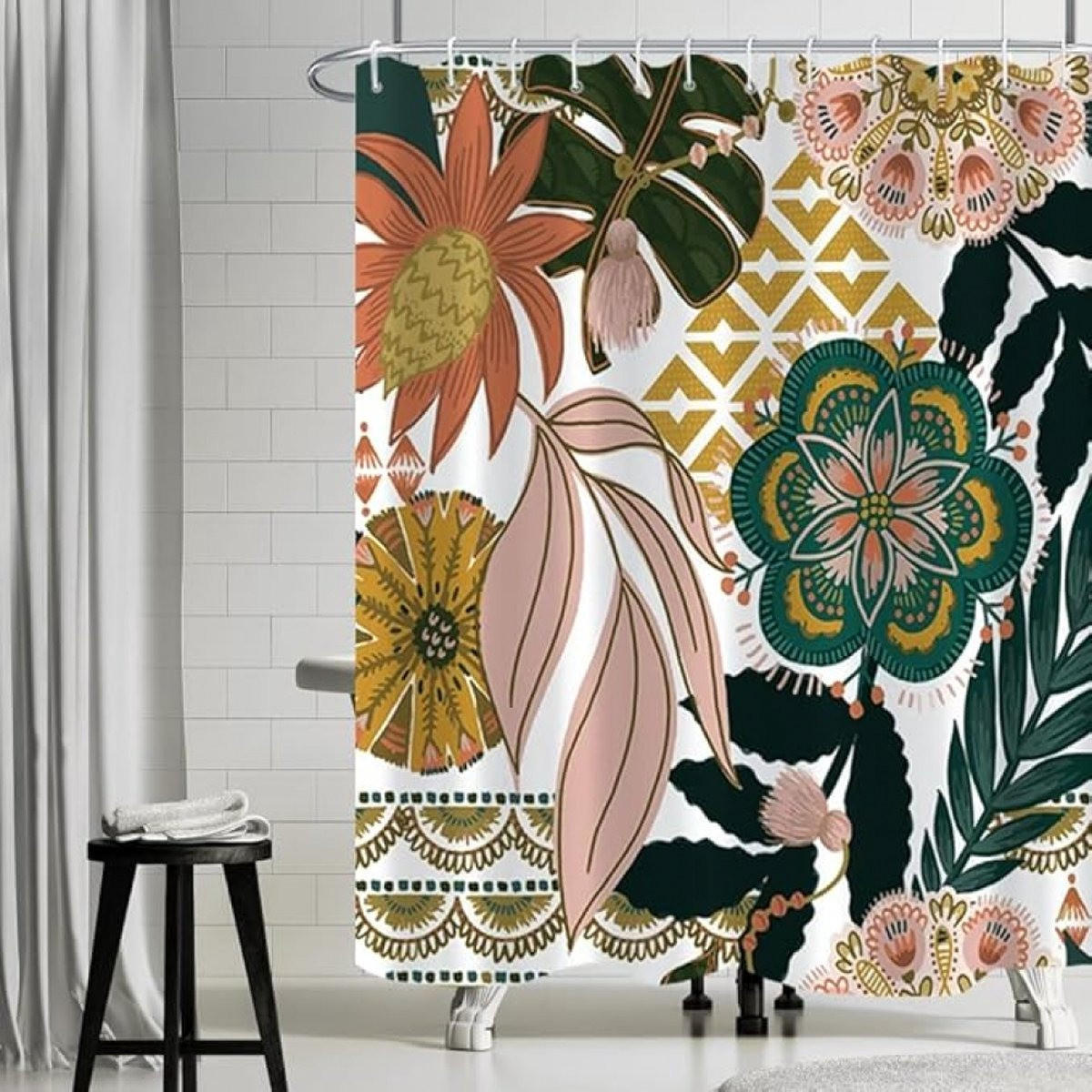 DUSCHVORHANG Bunt Bohemian Blumen Blätter Polyester 180 x 180 cm Haken - Multicolor, Textil (180/180cm) - MCBOSON