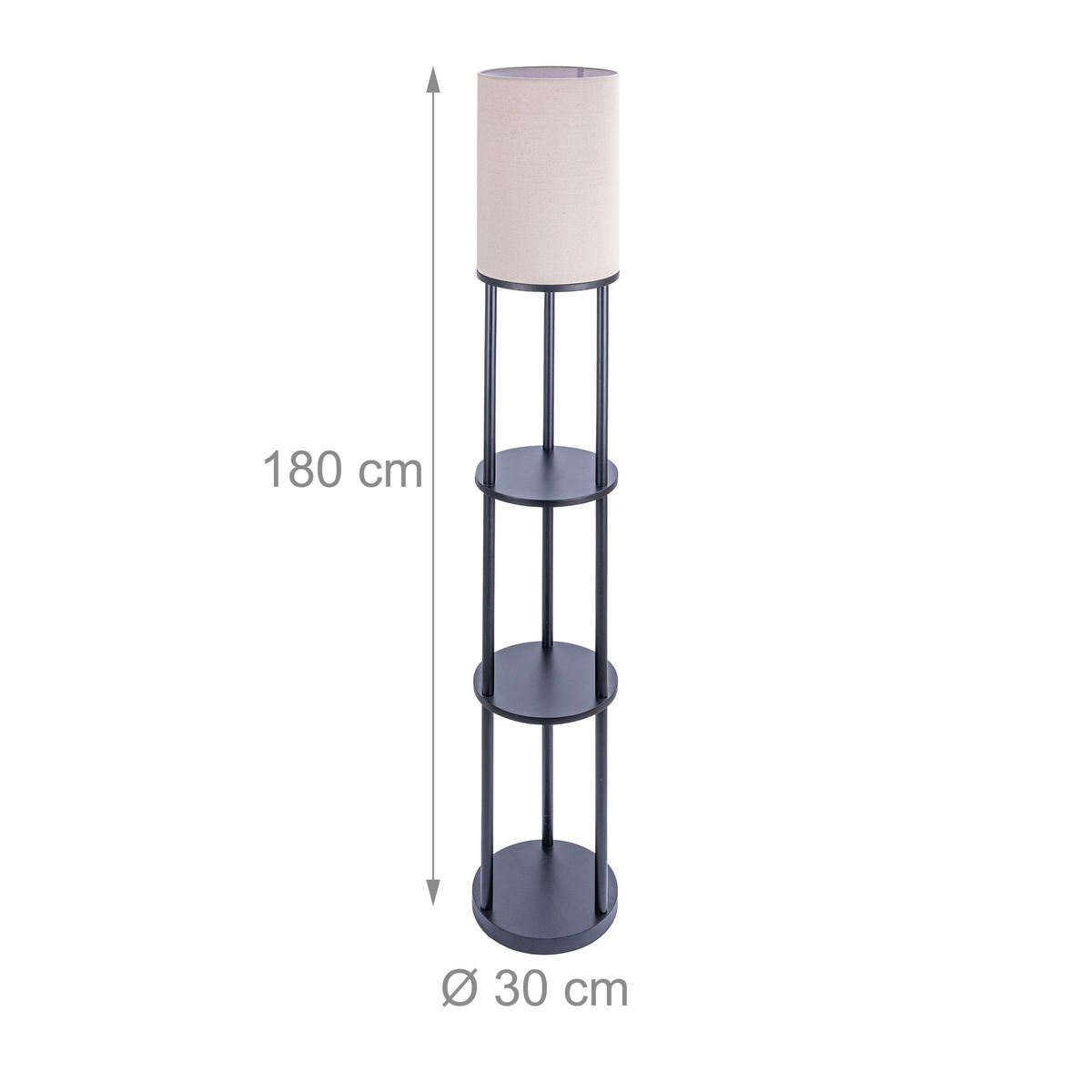 STEHLAMPE Schwarz Weiß 3 Ablagen Leinenschirm E27 180 cm - Schwarz, Holz/Textil (30/30/180cm) - Relaxdays