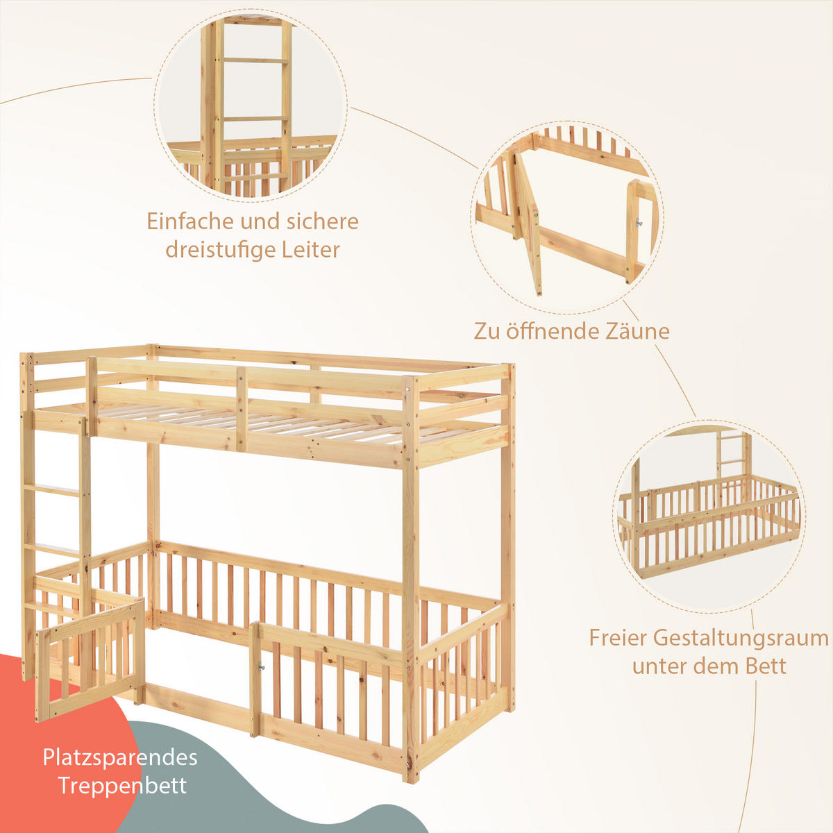 ETAGENBETT 90x200 cm, mit Schutzgeländer & rechtwinkliger Treppe, Massivholz, Natur - Naturfarben, Holz (90/200cm)