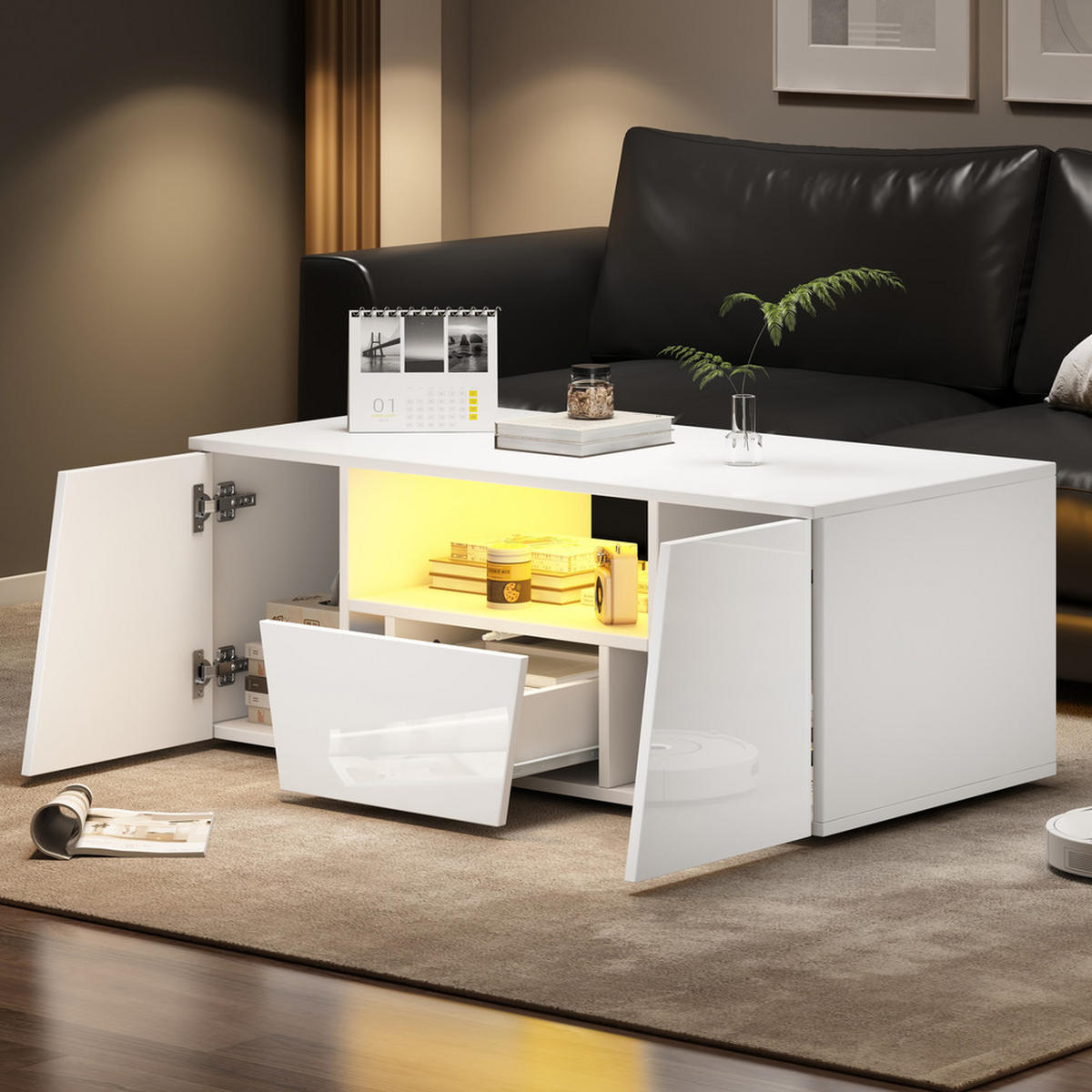 COUCHTISCH 100x50cm Weiß Hochglanz LED Unregelmäßig 2 Schränke Schublade - Weiß, Holz (109.22/59.51/12.98cm) - FLIEKS