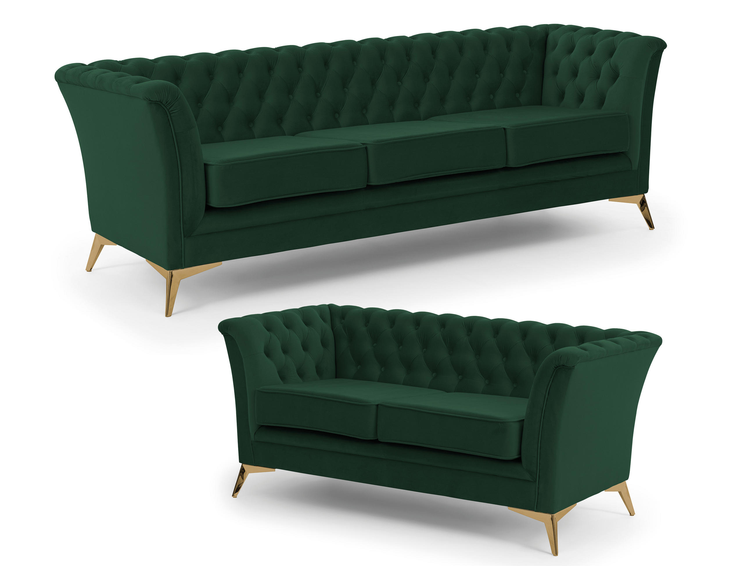 SITZGARNITUR 3+2 Chesterfield Whitby Flasche Grün Samt mit goldenen Füßen - Dunkelgrün/Goldfarben, Holz/Textil (237/78/82cm) - S-Style Möbel