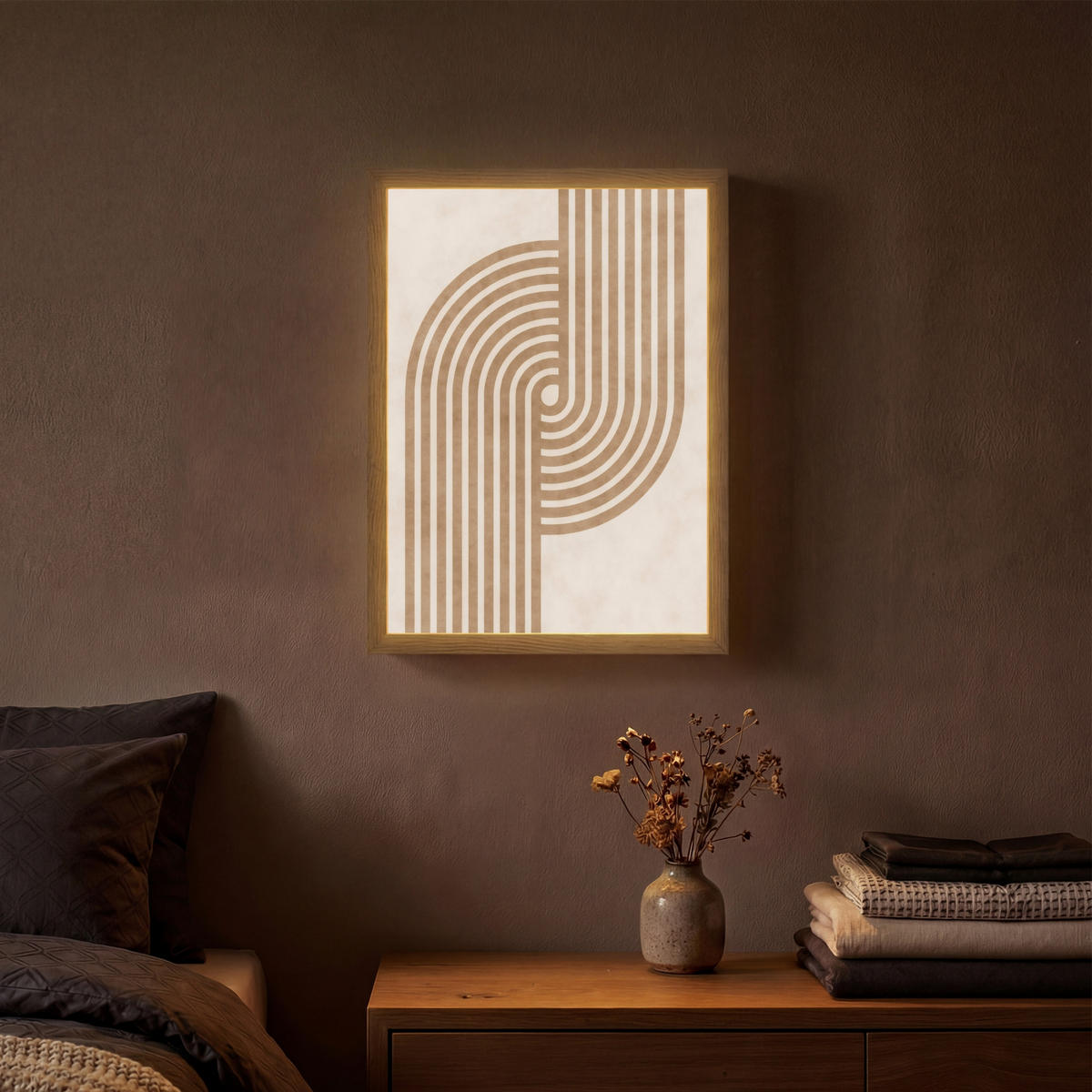 NÁSTĚNNÁ LAMPA S AKUMULÁTOREM Symetrický ohyb - měděná barva 30x40 cm - béžová, kompozitní dřevo (30/40/8cm) - OnlyWow