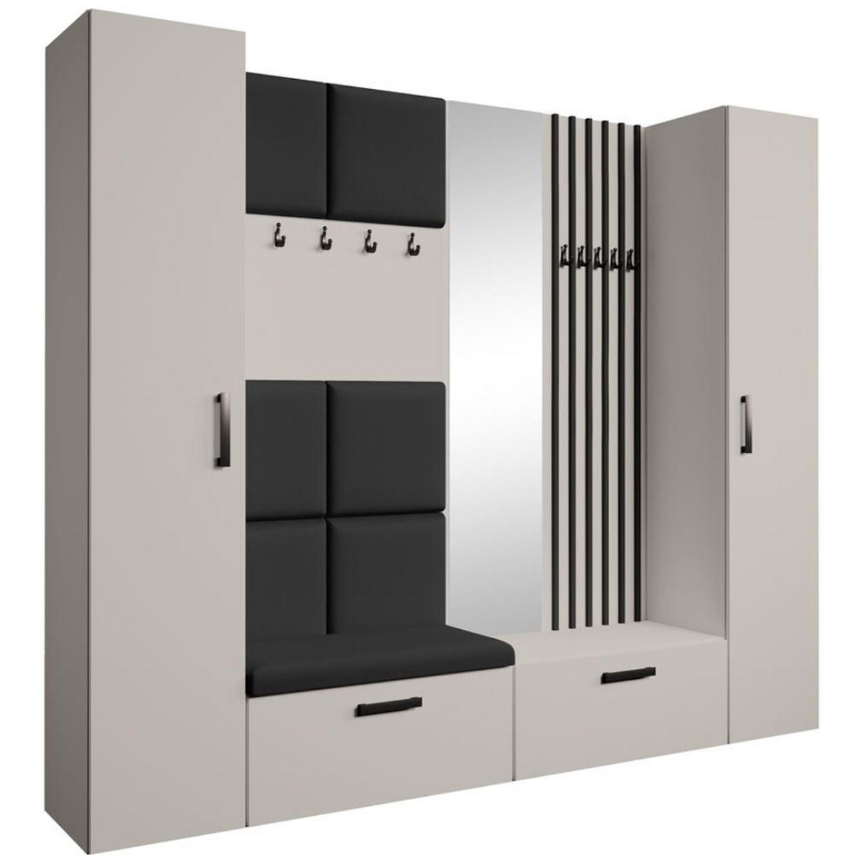 GARDEROBE Margaret XL 242/203/43 mit gepolsterten Paneelen/Lamellen/Spiegel - Kaschmir/Schwarz, Holzwerkstoff/Kunststoff (242/203/43cm) - Beautysofa