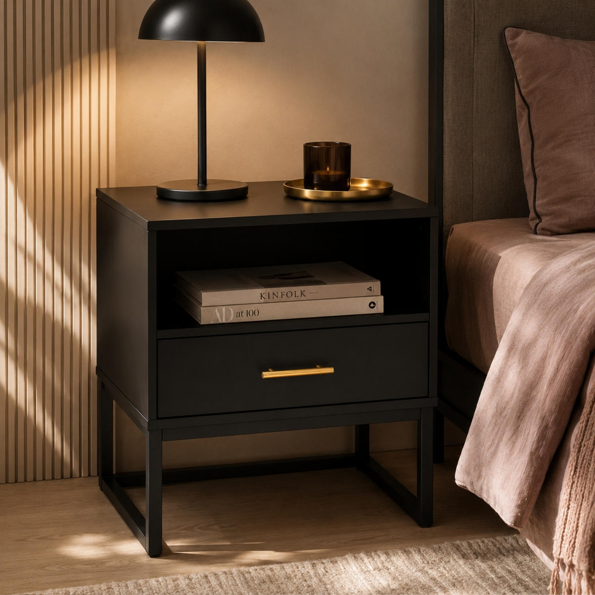 NACHTTISCH auf Metallbeinen mit einer Schublade 45/40/44 cm - Schwarz, Holzwerkstoff (40/44/45cm) - SCENA LIVING