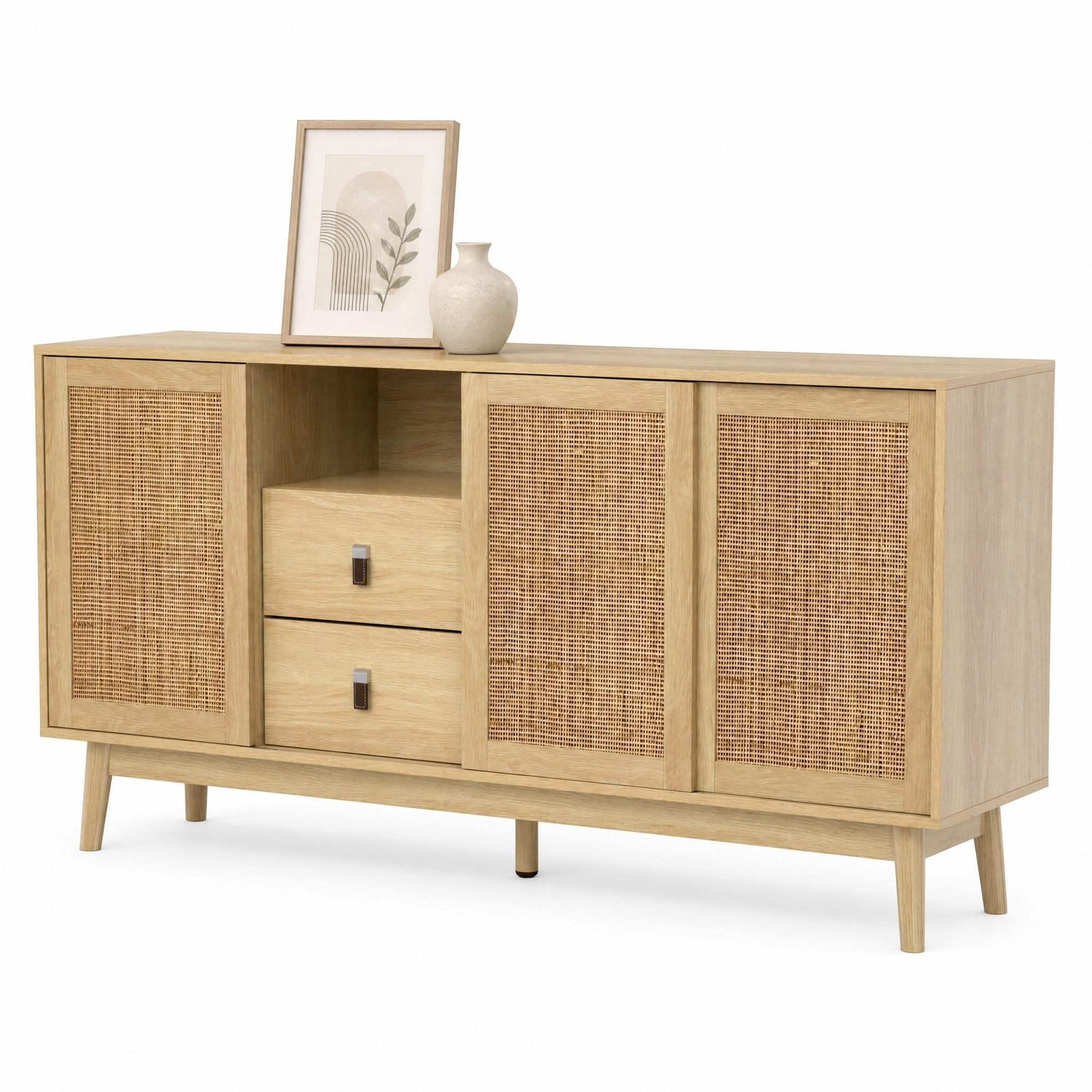 SIDEBOARD mit Schiebetüren und 2 Schubladen 155 x 38 x 80 cm Rattan Holz - Hellbraun, Holzwerkstoff (155/80/38cm) - Meubliv