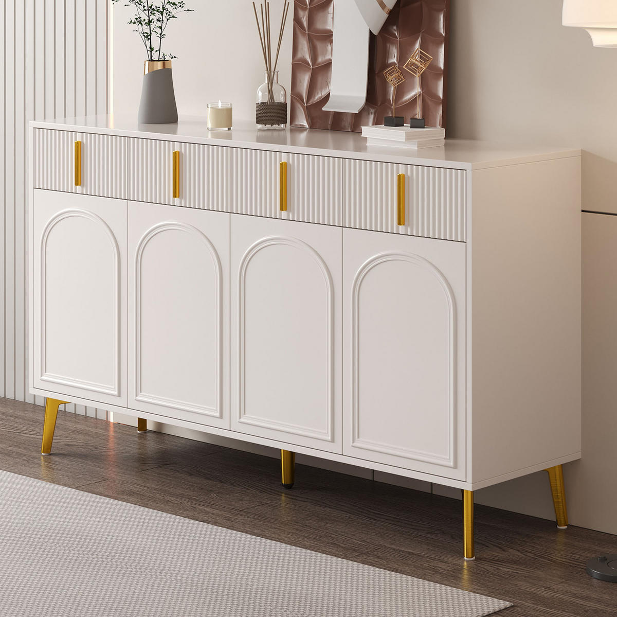 SIDEBOARD aus weißem MDF mit Melamin, 4 Türen und 4 Schubladen, goldene Griffe und Beine, 140/38/82 cm, Weiß - Weiß, Holzwerkstoff (140/82/38cm) - Redom