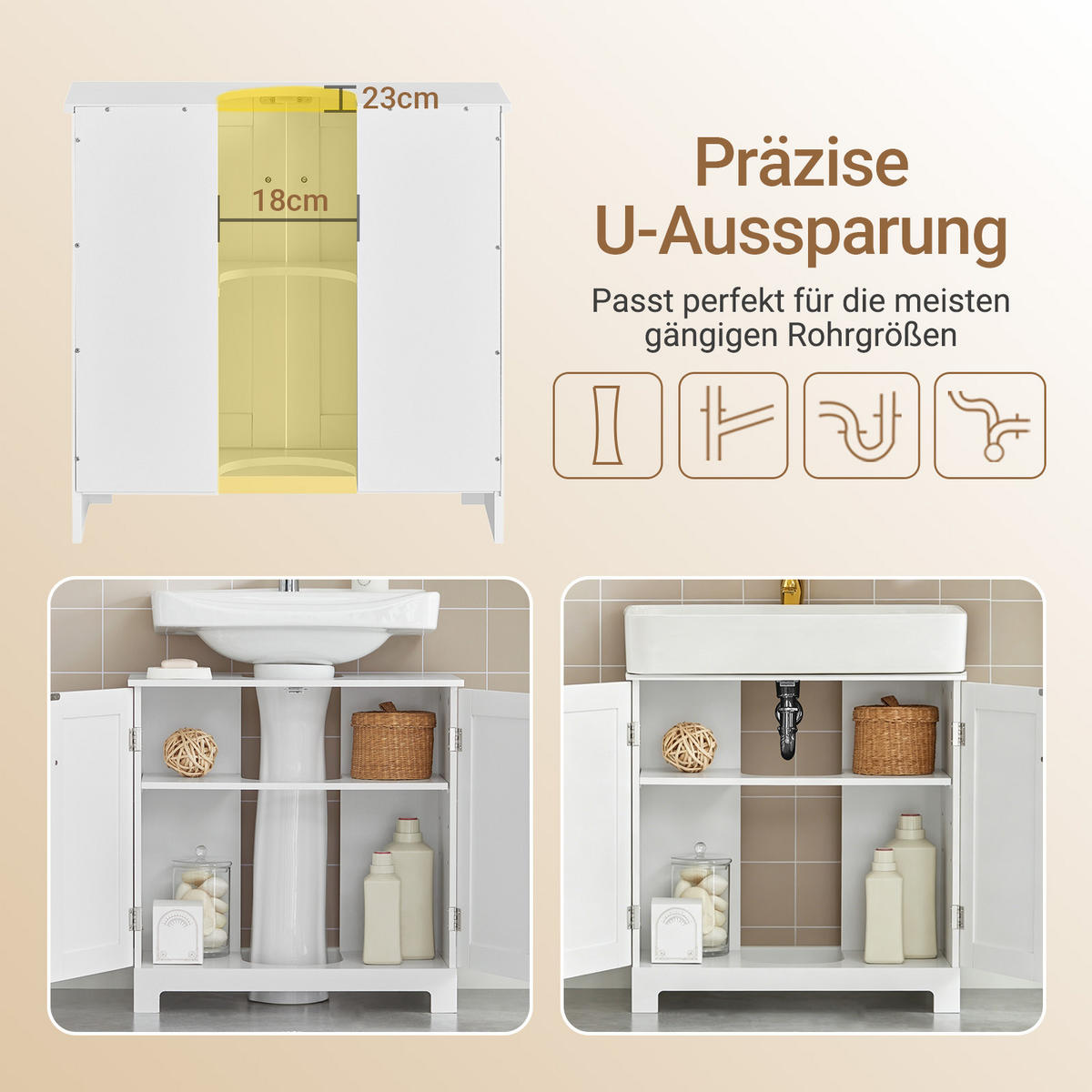 WASCHBECKEN-UNTERSCHRANK für Säulenwaschbecken, 60x60x29 cm, weiß, U-Aussparung, verstellbarer Boden, ohne Becken - Weiß, Holzwerkstoff (60/60/30cm) - SoBuy
