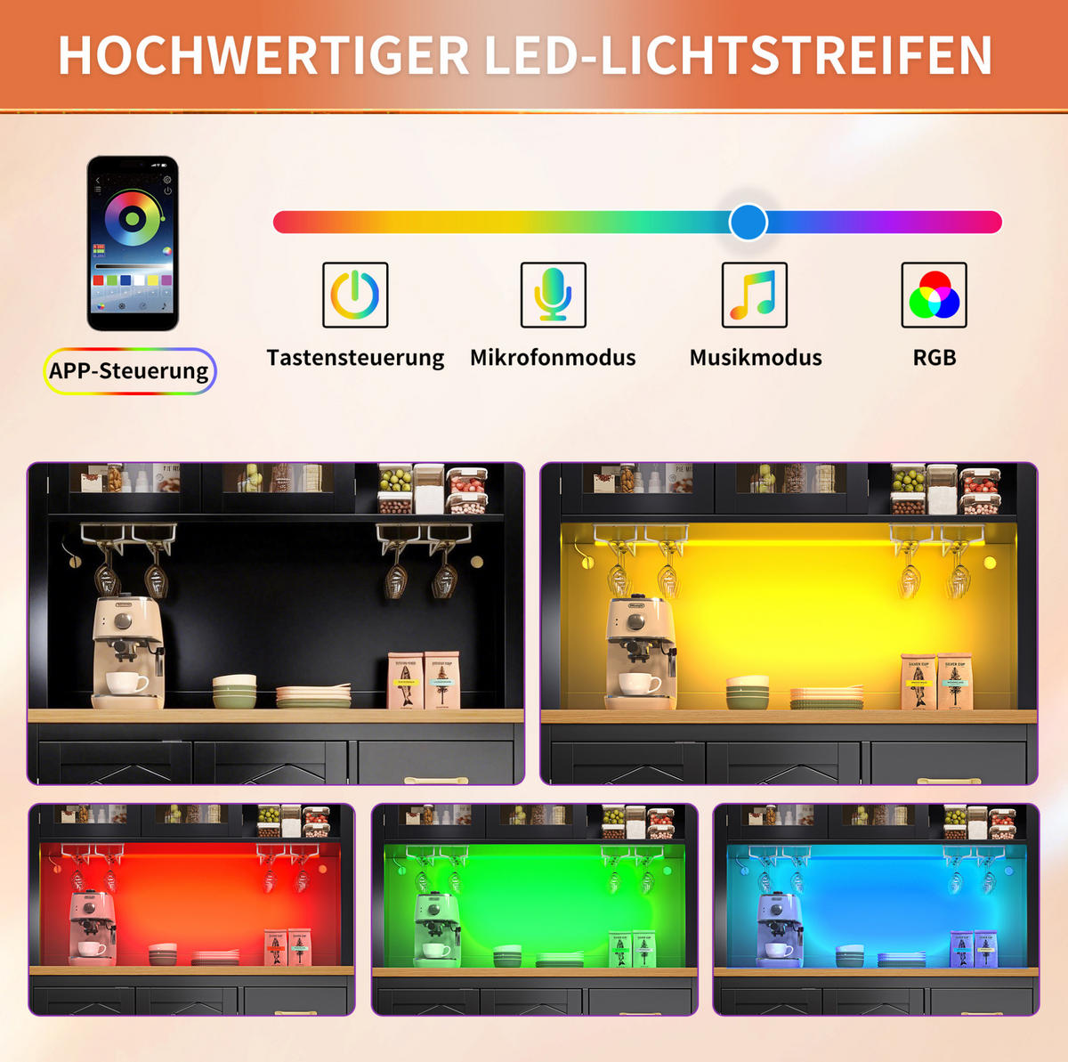 BUFFETSCHRANK 105,5/40/180 cm mit LED-Lichtleiste, viel Stauraum und Anti-Kipp-Sicherung, Schwarz - Schwarz, Holzwerkstoff (105.5/180/40cm) - Redom